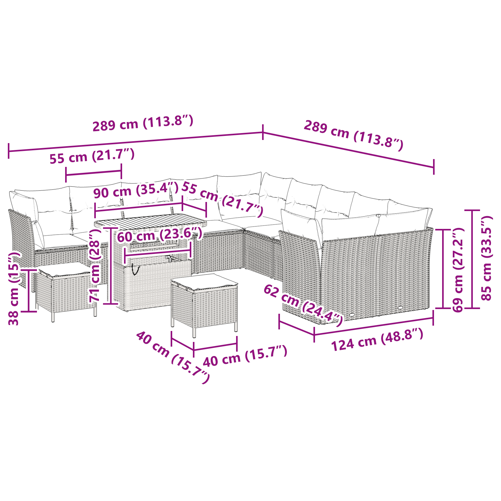 Set de canapea de grădină  cu 13 piese și pernuțe, Negru, Ratan, Acacia, Set de dining de grădină  cu 3 piese și pernuțe, Negru, Ratan, Acacia [8]