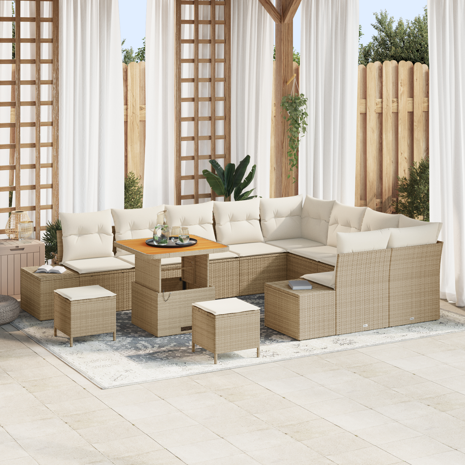 Canapele de exterior - Set de Sofa pentru Grădină cu 12 Piese și Perne Bej Răchită Poliester Acacia,  Set de Dining pentru Grădină cu 3 Piese și Perne Bej Răchită Poliester Acacia,  Sofa pentru Grădină cu 2 Locuri și Perne 
