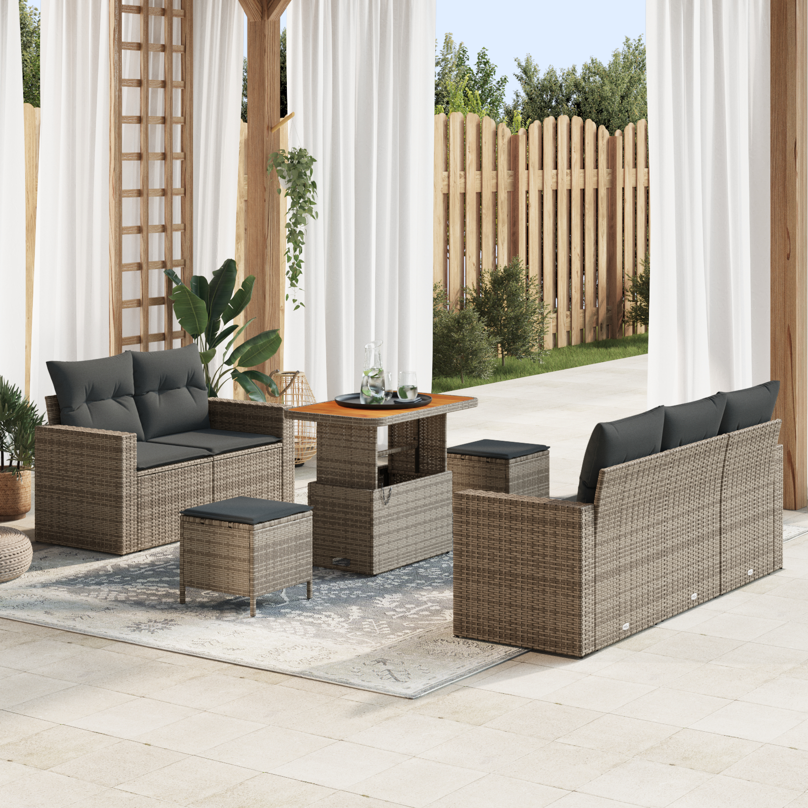 Canapele de exterior - Set de sofa de grădină  cu perne gri din ratan poli pentru exterior, Set de dining de grădină  cu perne gri din ratan poli
