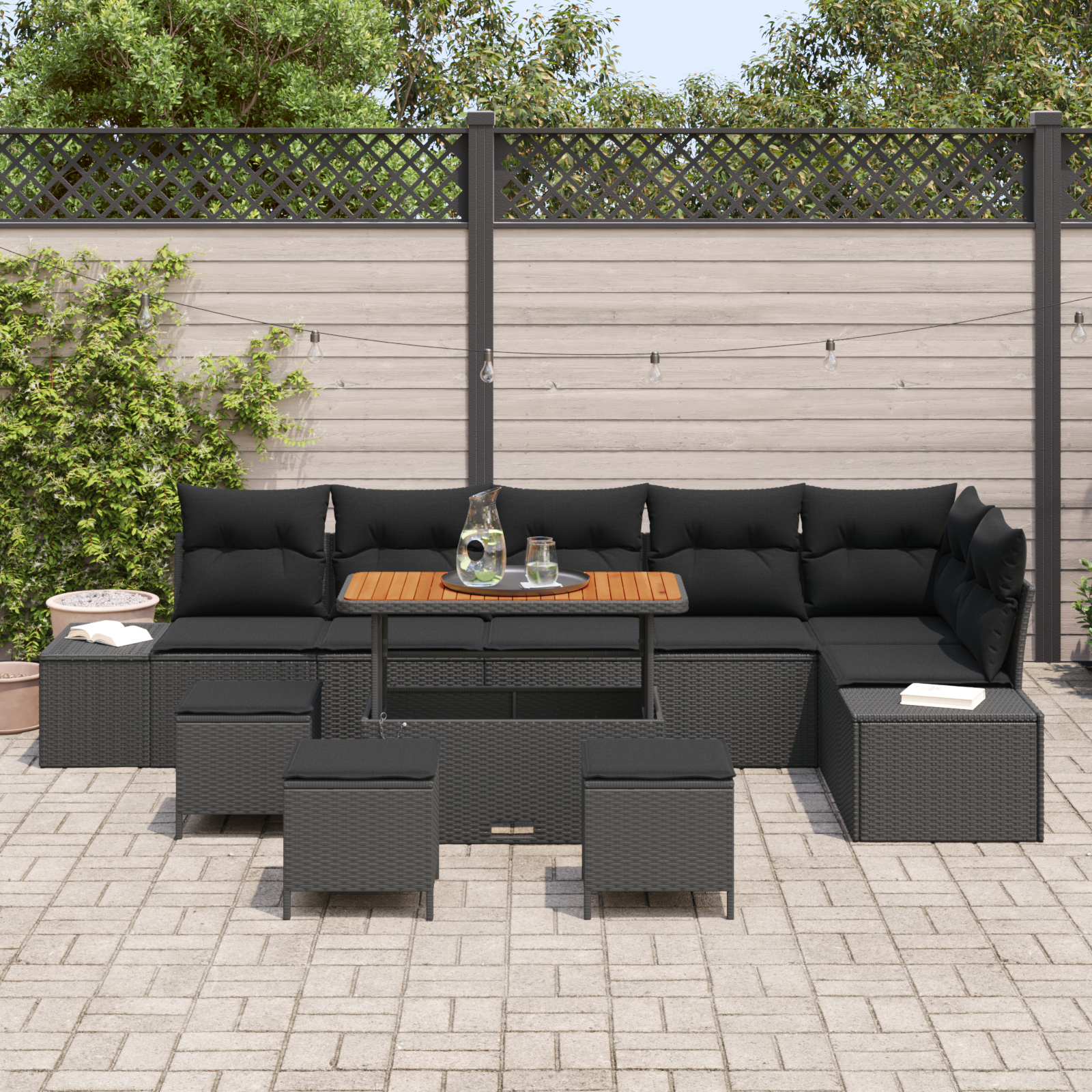 Set de sofa pentru grădină  10 piese cu perne negre din poliratan de acacia, Sofa pentru grădină  2 locuri cu perne negre din poliratan, Set de dining pentru grădină  4 piese cu perne negre din polira [2]