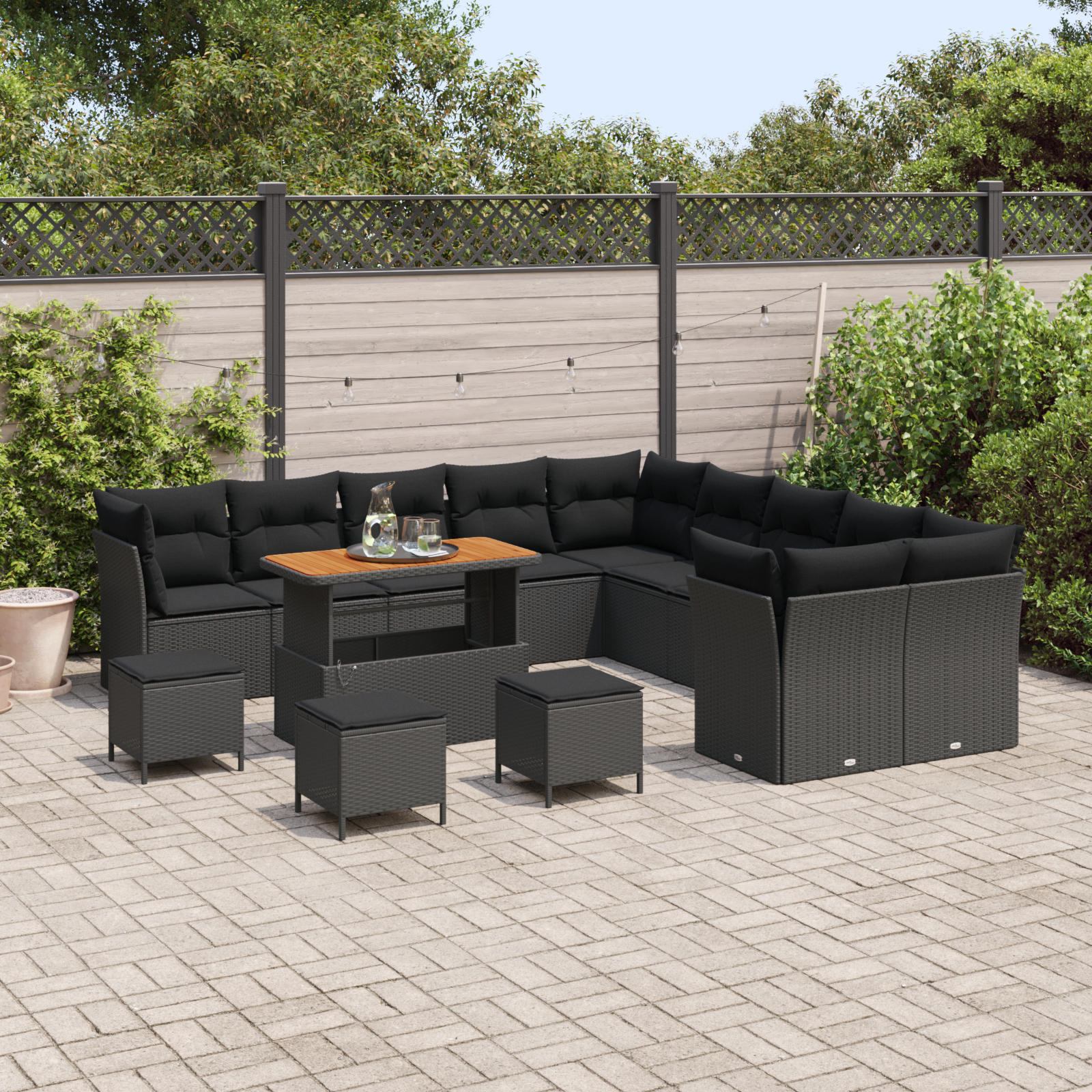 Set de Sofa pentru Grădină  de 14 Piese cu Perne Negru Poliratan Acacia, Set de Cină pentru Grădină  de 4 Piese cu Perne Negru Poliratan Acacia [2]