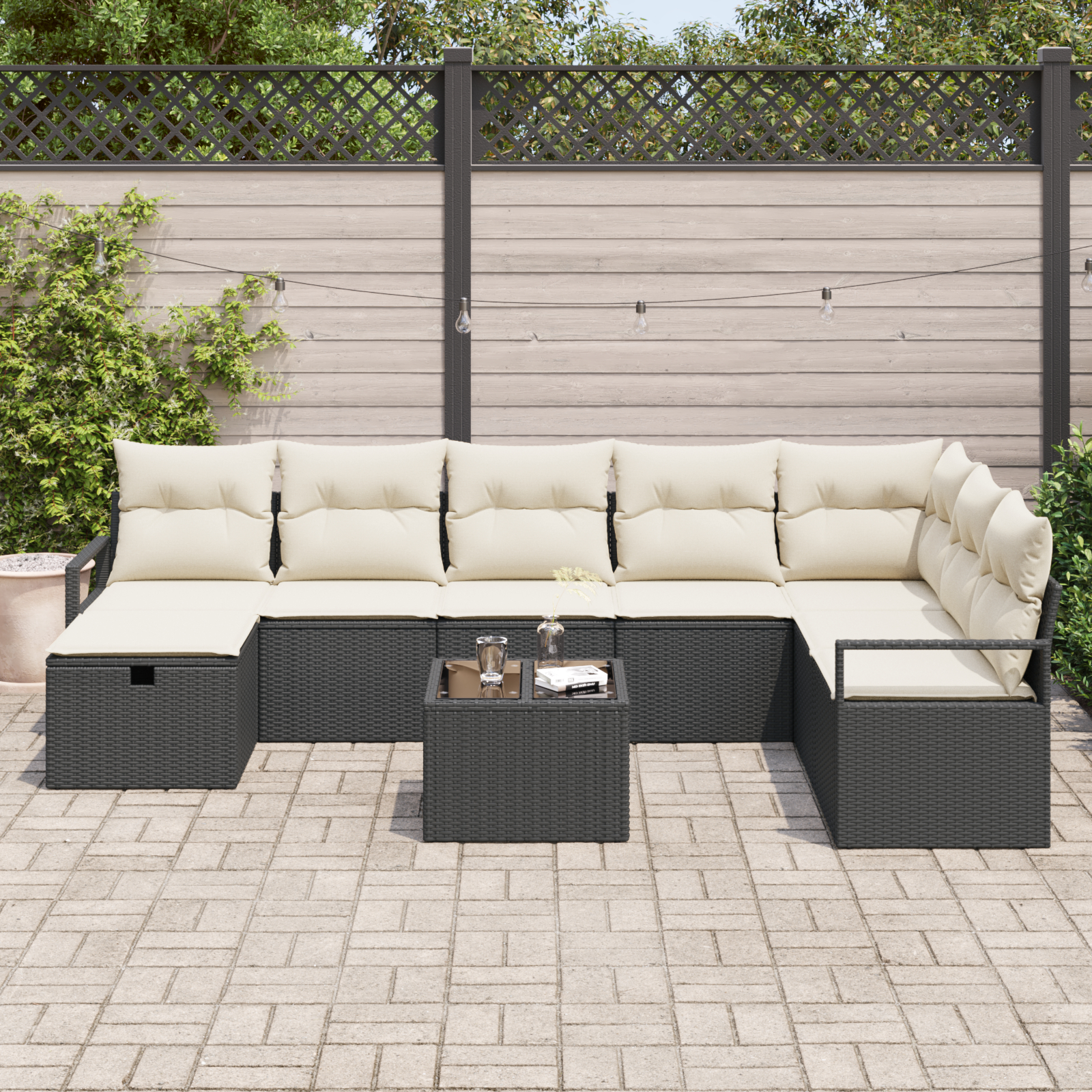 Canapele de exterior - Set de Grădină cu 9 Piese și Perne Negru din Rattan Poly,  Sofa de Grădină cu 2 Locuri și Perne Negru din Rattan Poly