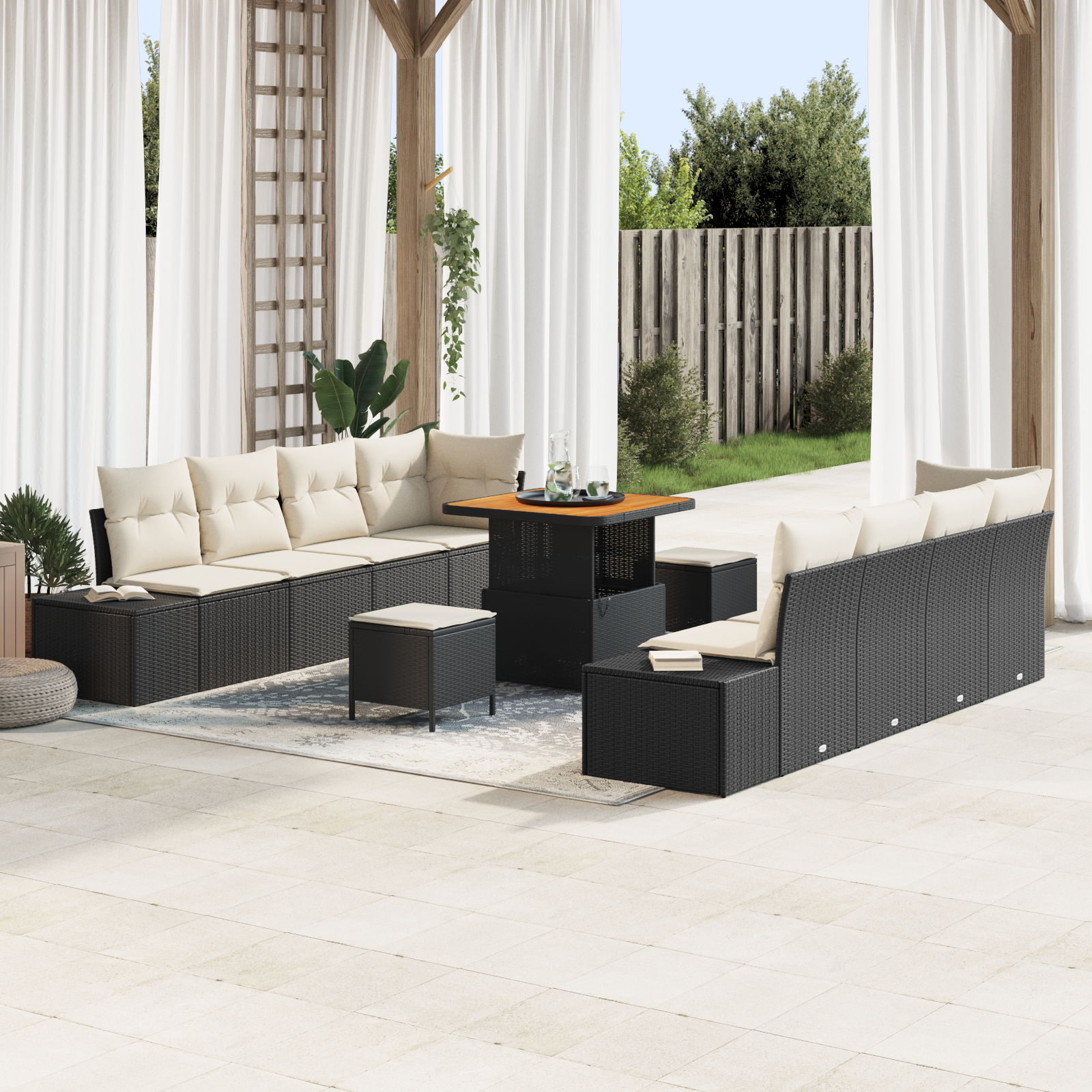 Canapele de exterior - Set de Sofa de Grădină cu 11 Piese cu Perne Negre Poliratan Acacia,  Sofa de Grădină cu 2 Locuri cu Spațiu de Depozitare & Perne Negre Poliratan,  Set de Dining pentru Grădină cu 3 Piese cu Perne Negr