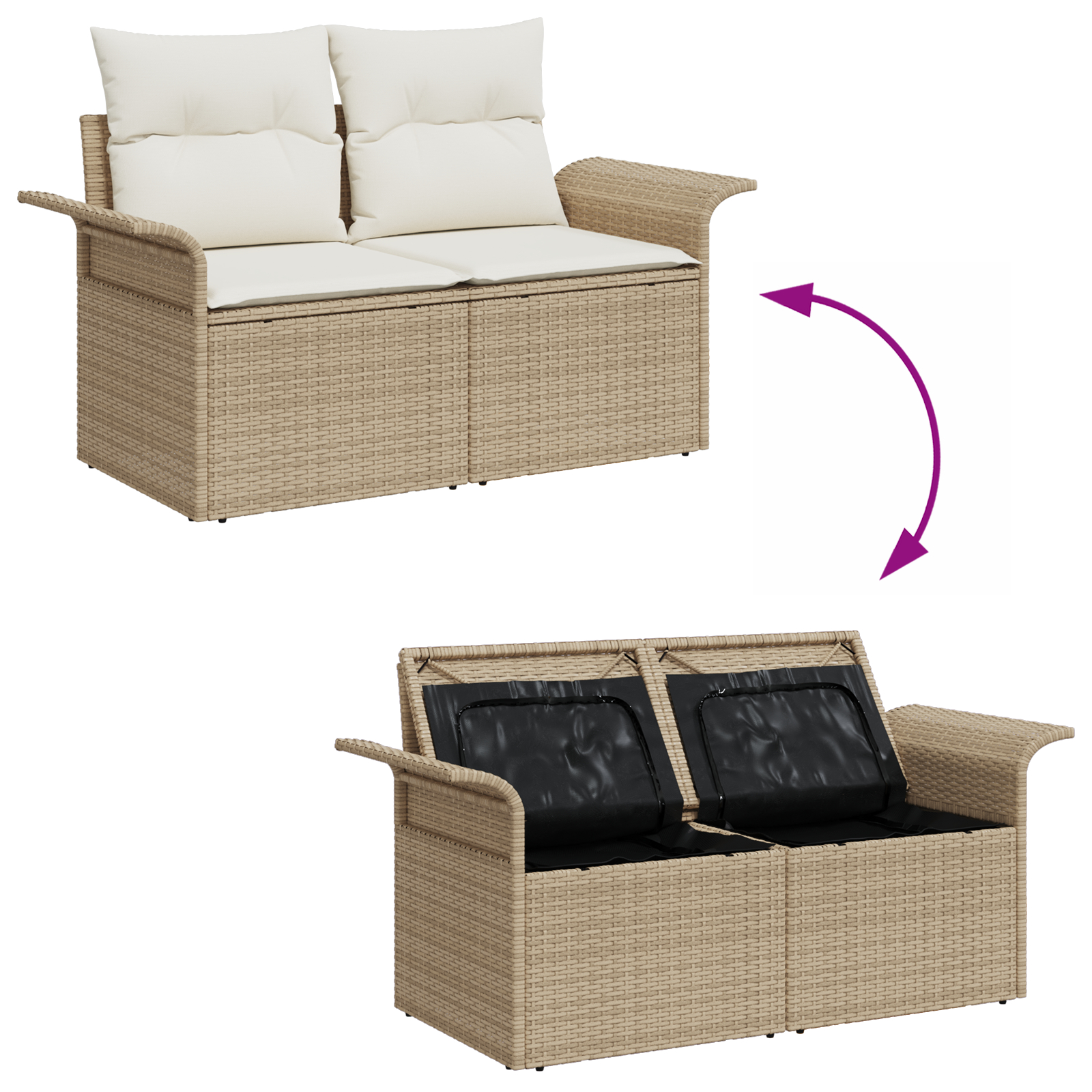 Set de 9 Piese de Sofa pentru Grădină cu Perne Bej Ratan Poly, Sofa pentru Grădină cu 2 Locuri cu Spațiu de Depozitare & Perne Bej Ratan Poly [10]