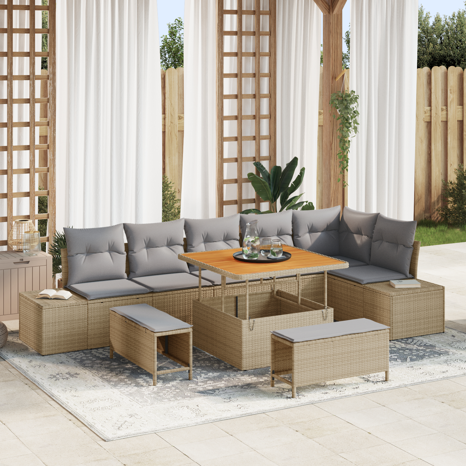 Canapele de exterior - Set sofa grădină  cu perne Bej Ratan Poli Acacia, Sofa grădină  2 locuri cu stocare & perne Bej Ratan Poli, Set dining grădină 3 piese cu perne Bej Ratan Poli Acacia