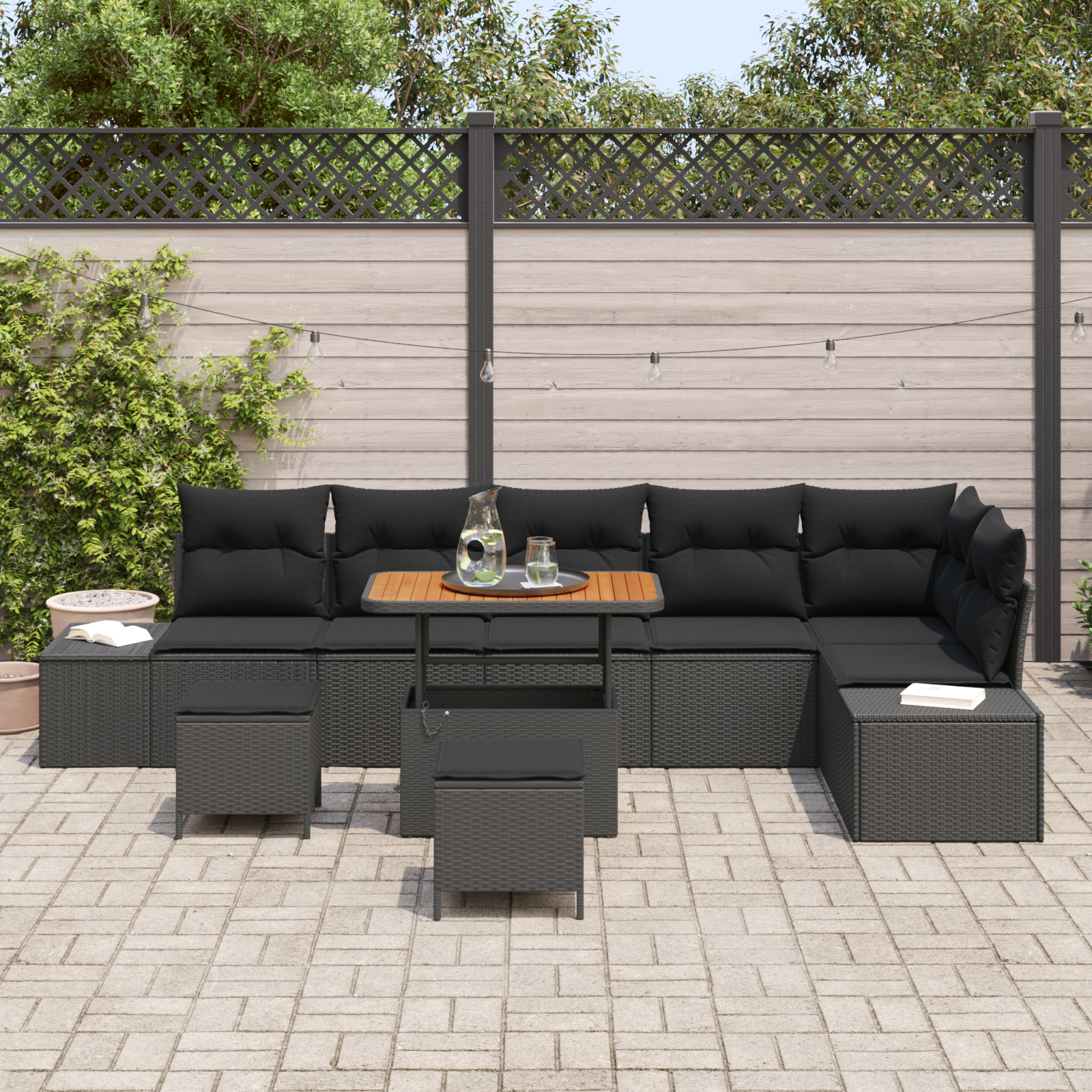 Set de Sofa Grădină cu 9 Piese cu Perne Negru Poliratan Acacia, Sofa Grădină cu 2 Locuri cu Stocare și Perne Negru Poliratan, Set de Dining Grădină cu 3 Piese cu Perne Negru Poliratan Acacia [2]