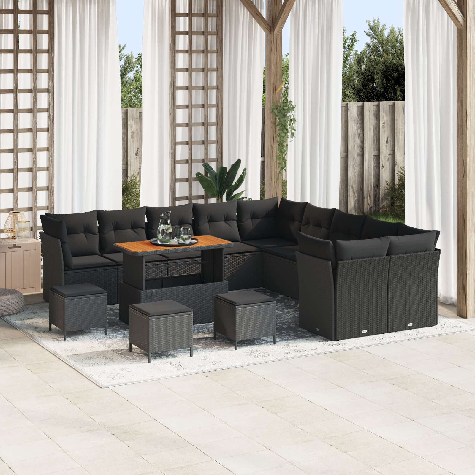 Canapele de exterior - Set de Sofa pentru Grădină  de 14 Piese cu Perne Negru Poliratan Acacia, Set de Cină pentru Grădină  de 4 Piese cu Perne Negru Poliratan Acacia