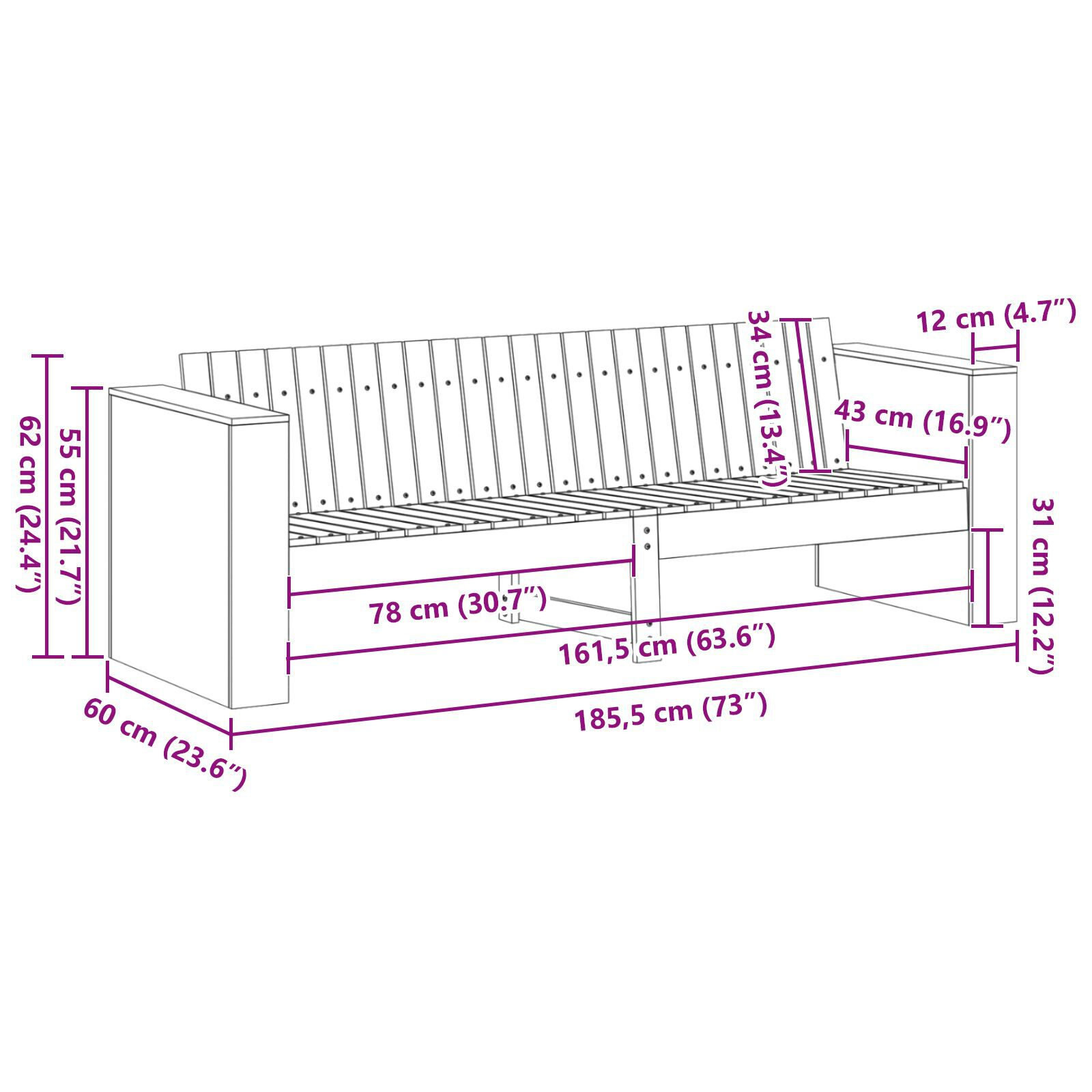 Canapea de grădină cu 3 locuri 185.5x60x62 cm din lemn de pin impregnat [6]