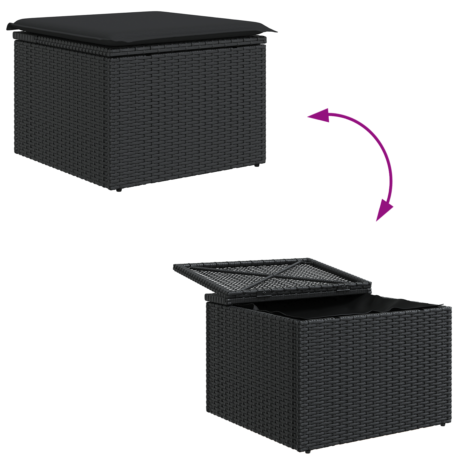 Set de Canapea de Grădină  cu Pernuțe Ratan Polimeric Negru, Canapea de Grădină  cu Doi Locuri, cu Spațiu de Stocare și Pernuțe Negru Ratan Polimeric [10]