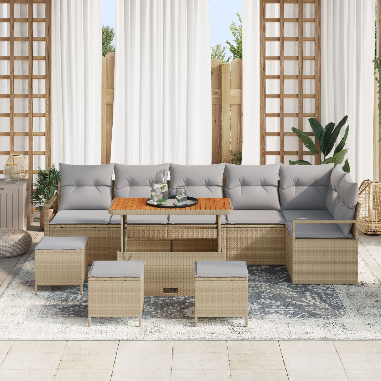 Set canapele grădină cu 9 piese și perne bej din ratan poliester acacia,  Canapea grădină 2 locuri cu depozitare și perne bej din ratan poliester,  Set dining grădină cu 3 piese și perne bej din ratan [2]