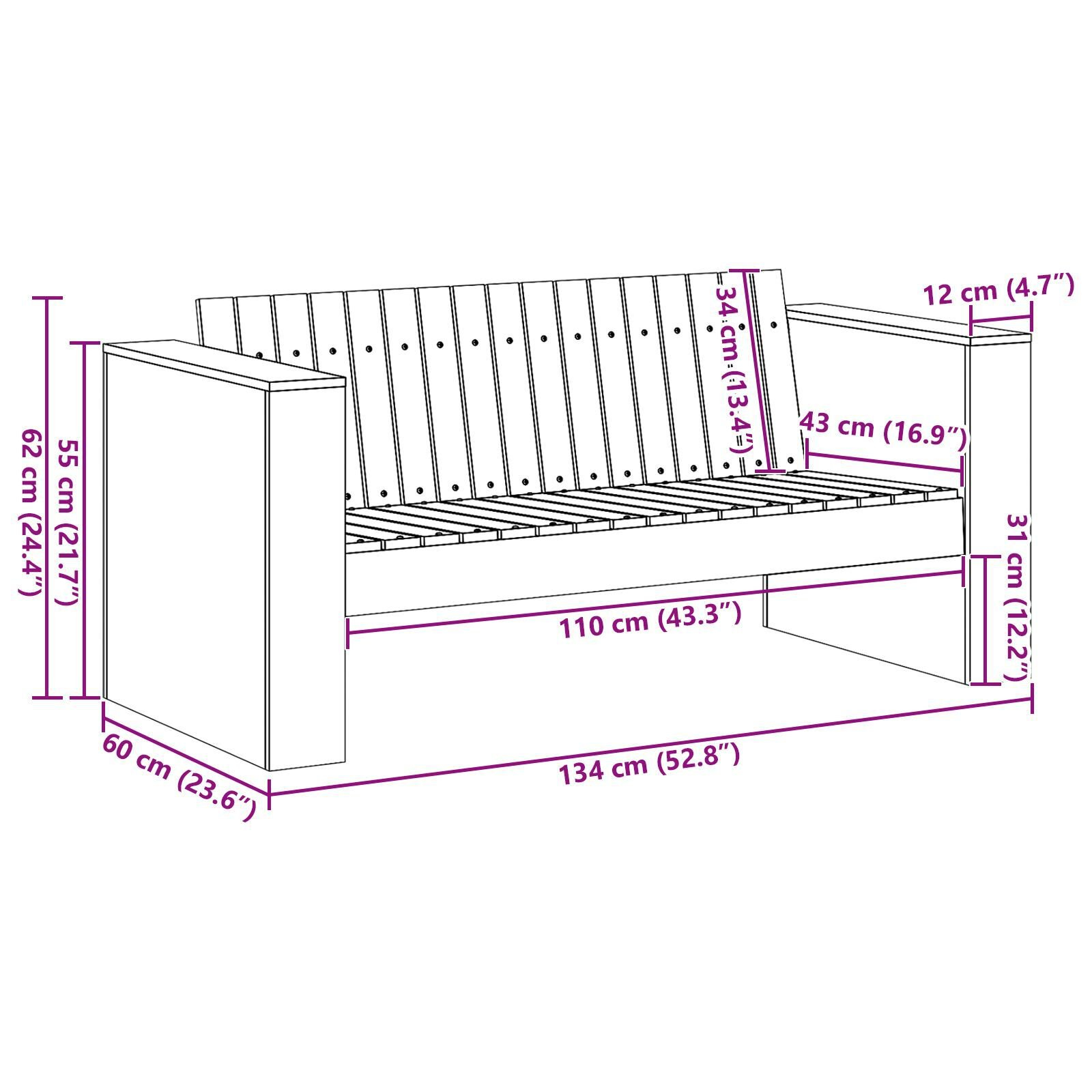 Canapea de grădină 2 locuri 134x60x62 cm Alb Lemn masiv de pin [6]