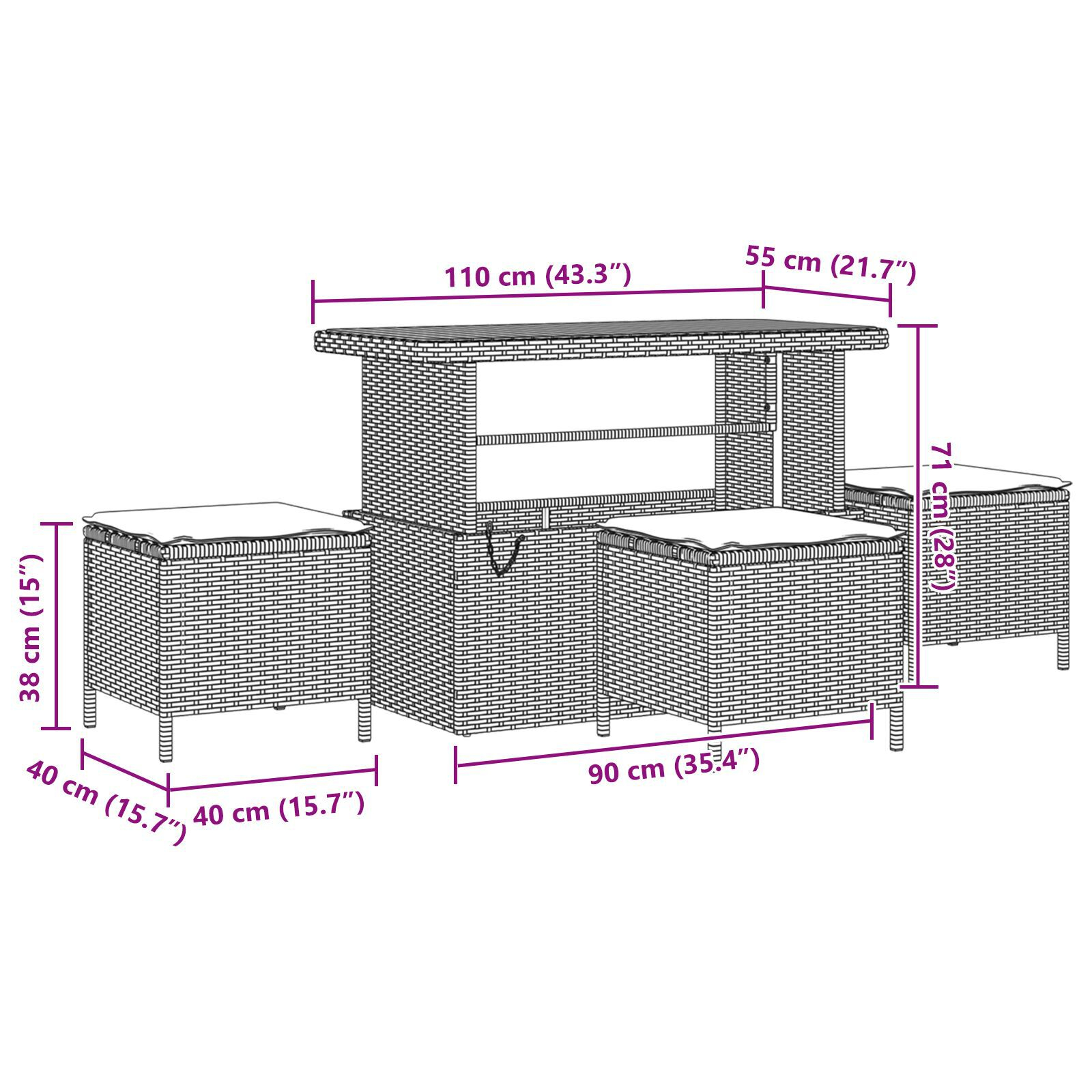Set de canapea de grădină  cu 14 piese cu perne gri din poliratan acacia, Canapea de grădină  cu 2 locuri cu spațiu de depozitare și perne gri din poliratan, Set de dining de grădină  cu 4 piese cu pe [10]