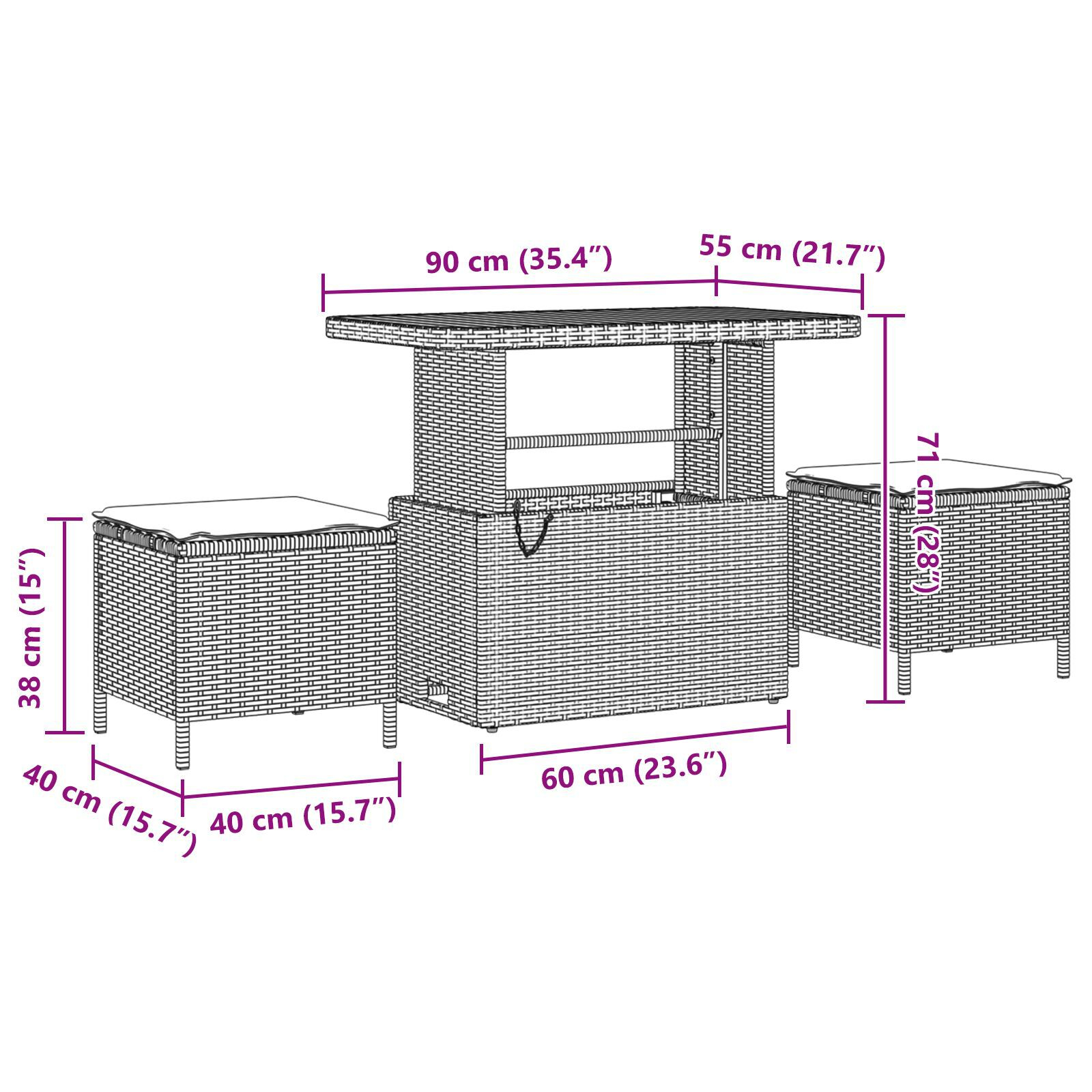 Set de canapea de grădină  9 piese cu perne bej poliratan acacia, Canapea de grădină  2 locuri cu depozitare și perne bej poliratan, Set de masă de grădină  3 piese cu perne bej poliratan acacia [10]