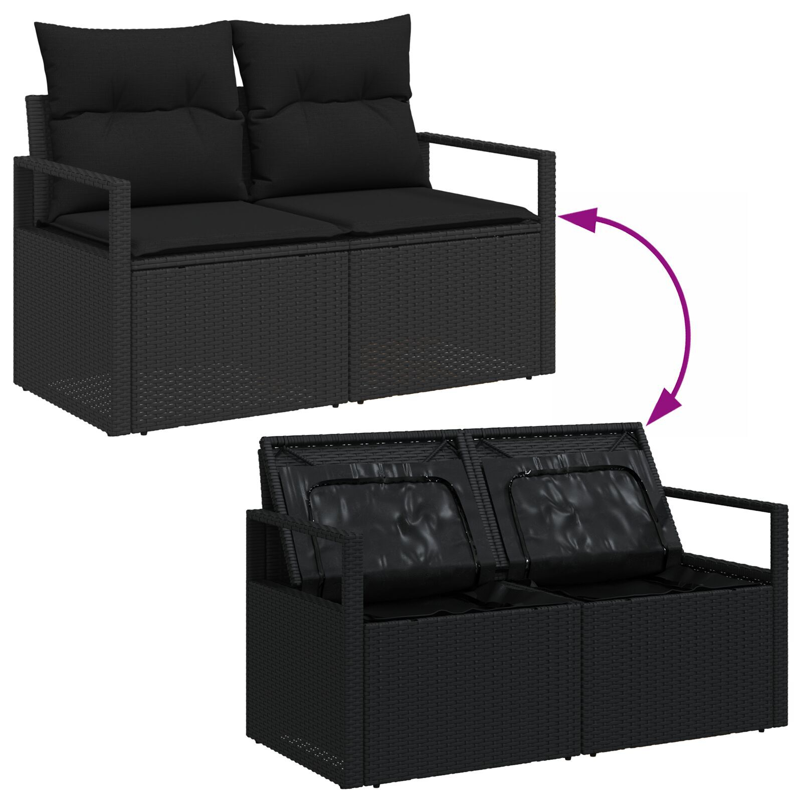 Set de canape 9 piese pentru grădină cu perne Negru Poliratan Acacia, Sofa de grădină pentru 2 persoane cu loc de depozitare și perne Negru Poliratan, Set de dining de grădină 3 piese cu perne Negru P [11]