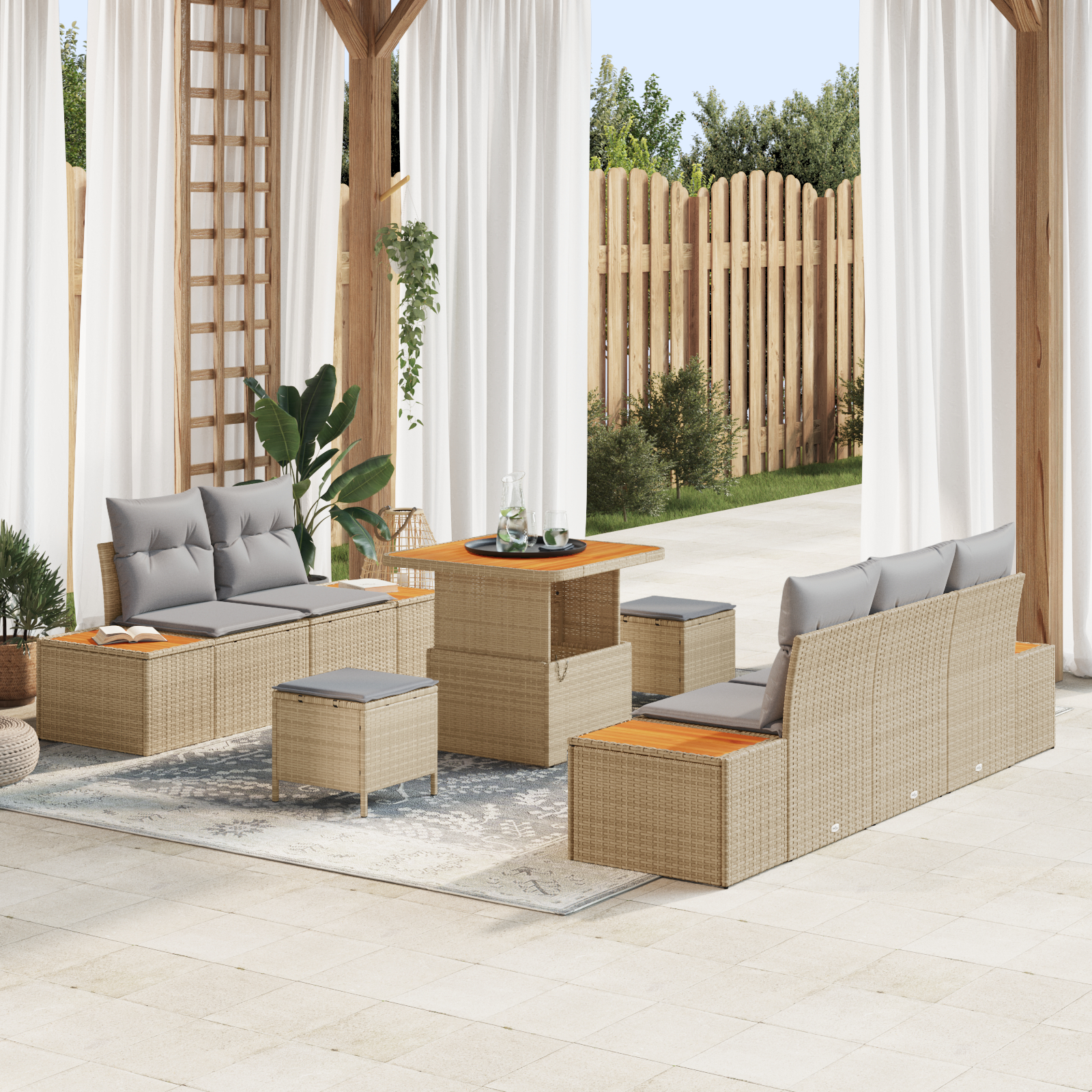 Canapele de exterior - Set de sofa de grădină  8 piese cu perne bej din ratan sintetic acacia, Set de dining de grădină  3 piese cu perne bej din ratan sintetic acacia