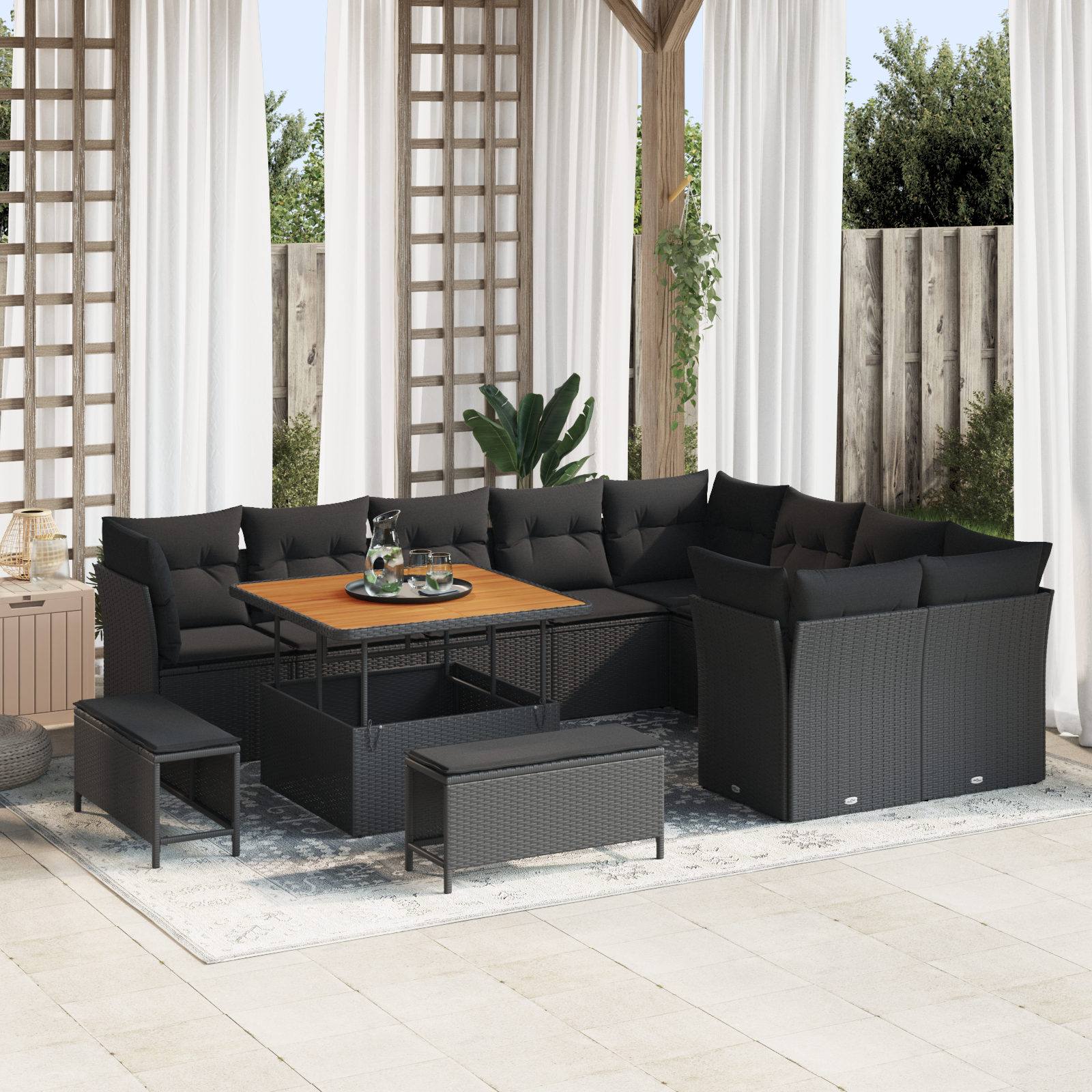 Canapele de exterior - Set de sofa de grădină  12 piese cu perne Negru Poli Ratan Acacia, Set de dining de grădină  3 piese cu perne Negru Poli Ratan Acacia