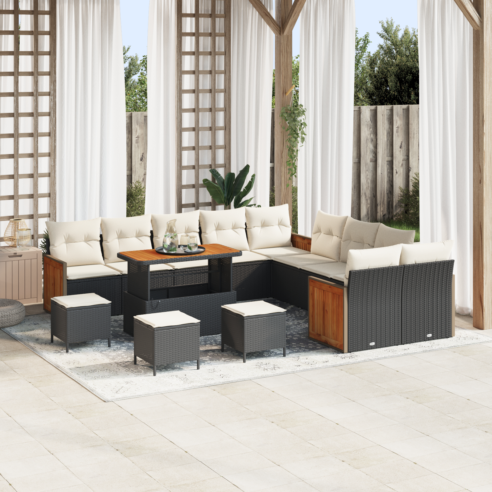 Canapele de exterior - Set de sofa de grădină  14 piese cu perne negre din poliratan de acacia, Sofa de grădină  cu 2 locuri și perne negre din poliratan, Set de dining jardin 4 piese cu perne negre din poliratan de acacia