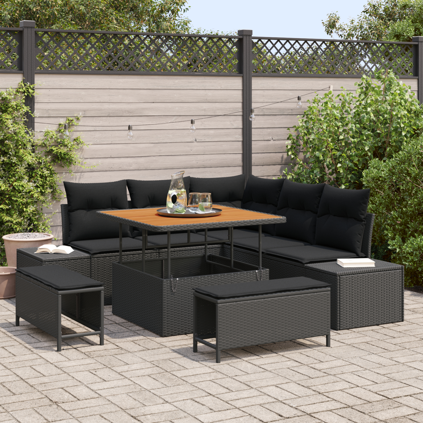 Canapele de exterior - Set de 8 piese pentru grădină cu perne Negru Poliratan Acacia, Sofa de grădină cu 2 locuri și depozit & perne Negru Poliratan, Set de dining pentru grădină cu 3 piese și perne Negru Poliratan Acacia