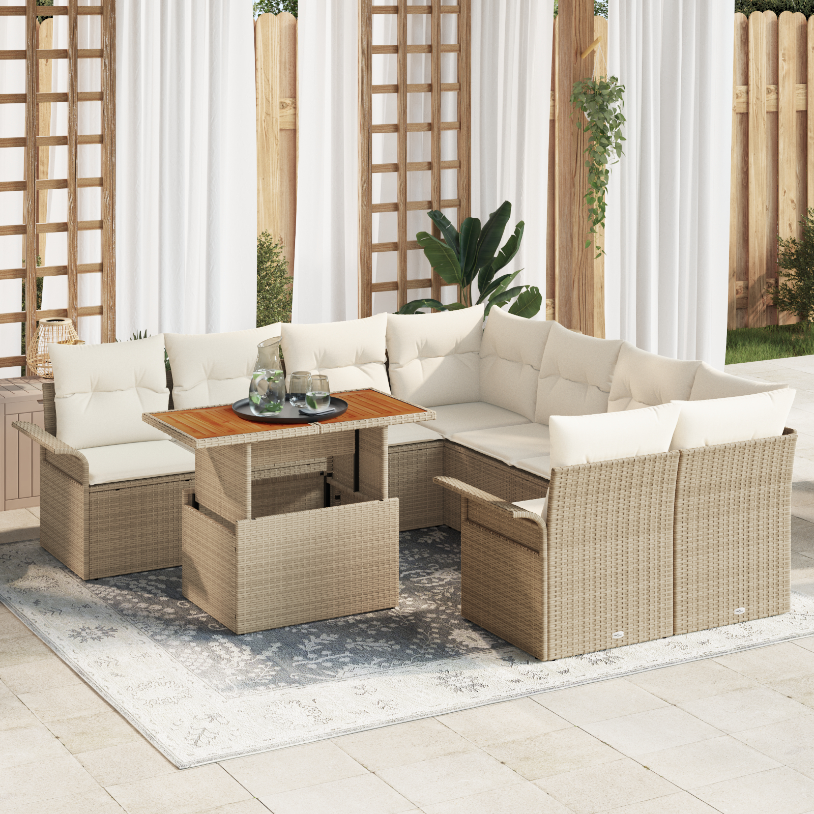 Canapele de exterior - Set de 9 Piese de Sofa pentru Grădină cu Perne Bej Ratan Poly, Sofa pentru Grădină cu 2 Locuri cu Spațiu de Depozitare & Perne Bej Ratan Poly