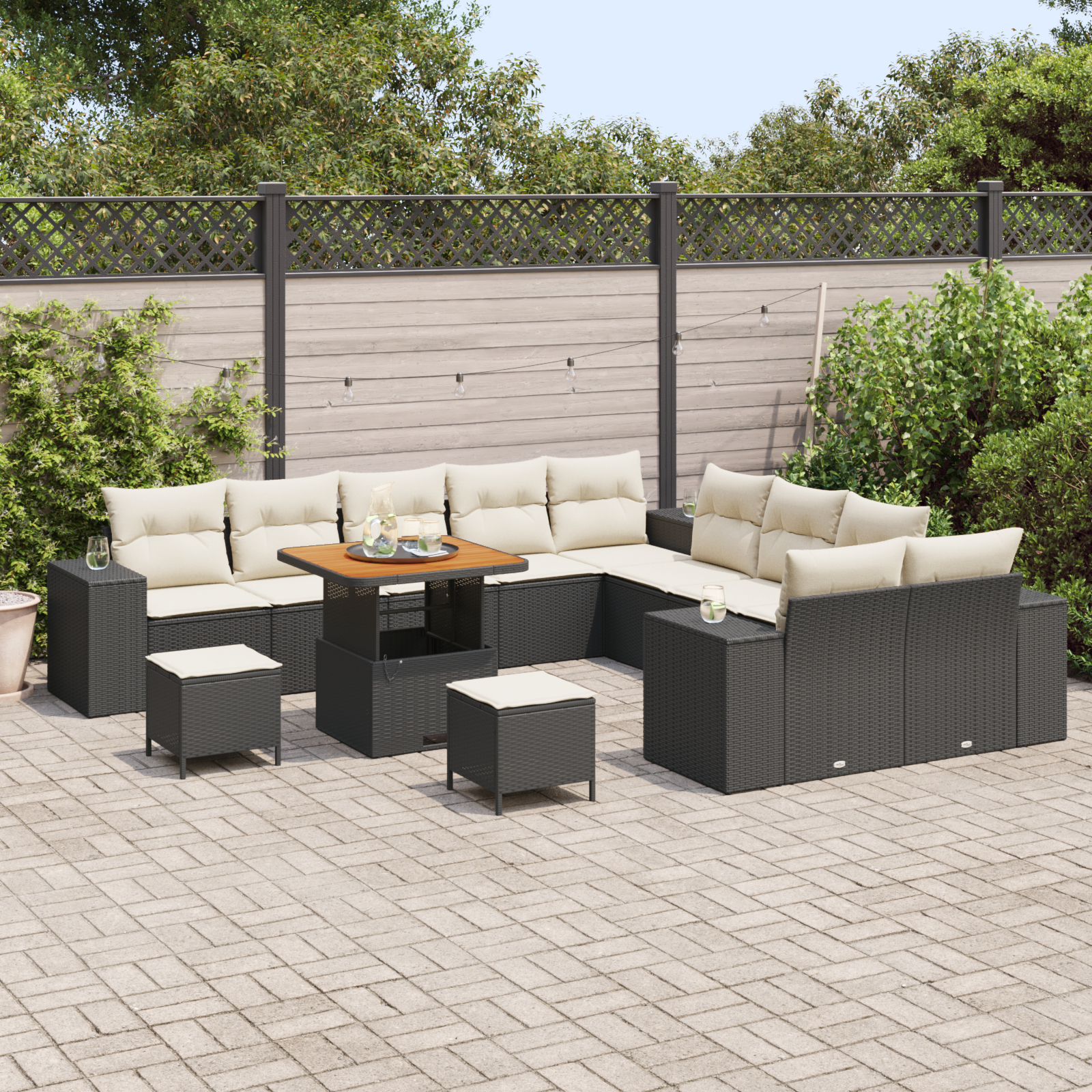 Set de sofa de grădină  cu 13 piese cu perne Black Poly Rattan Acacia, Set de dining de grădină  cu 3 piese cu perne Black Poly Rattan Acacia [2]