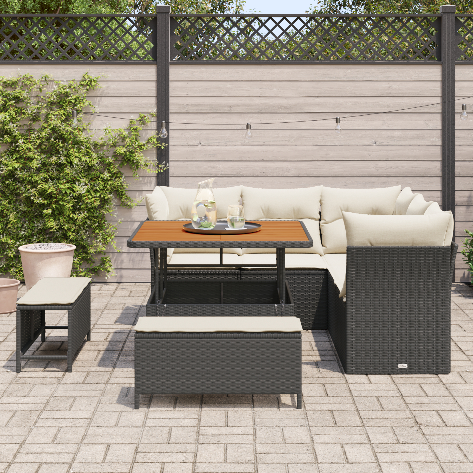 Set Canapea Grădină  8 Piese cu Perne Negru Ratan Poliester, Set Masa Grădină  3 Piese cu Perne Negru Ratan Poliester [2]