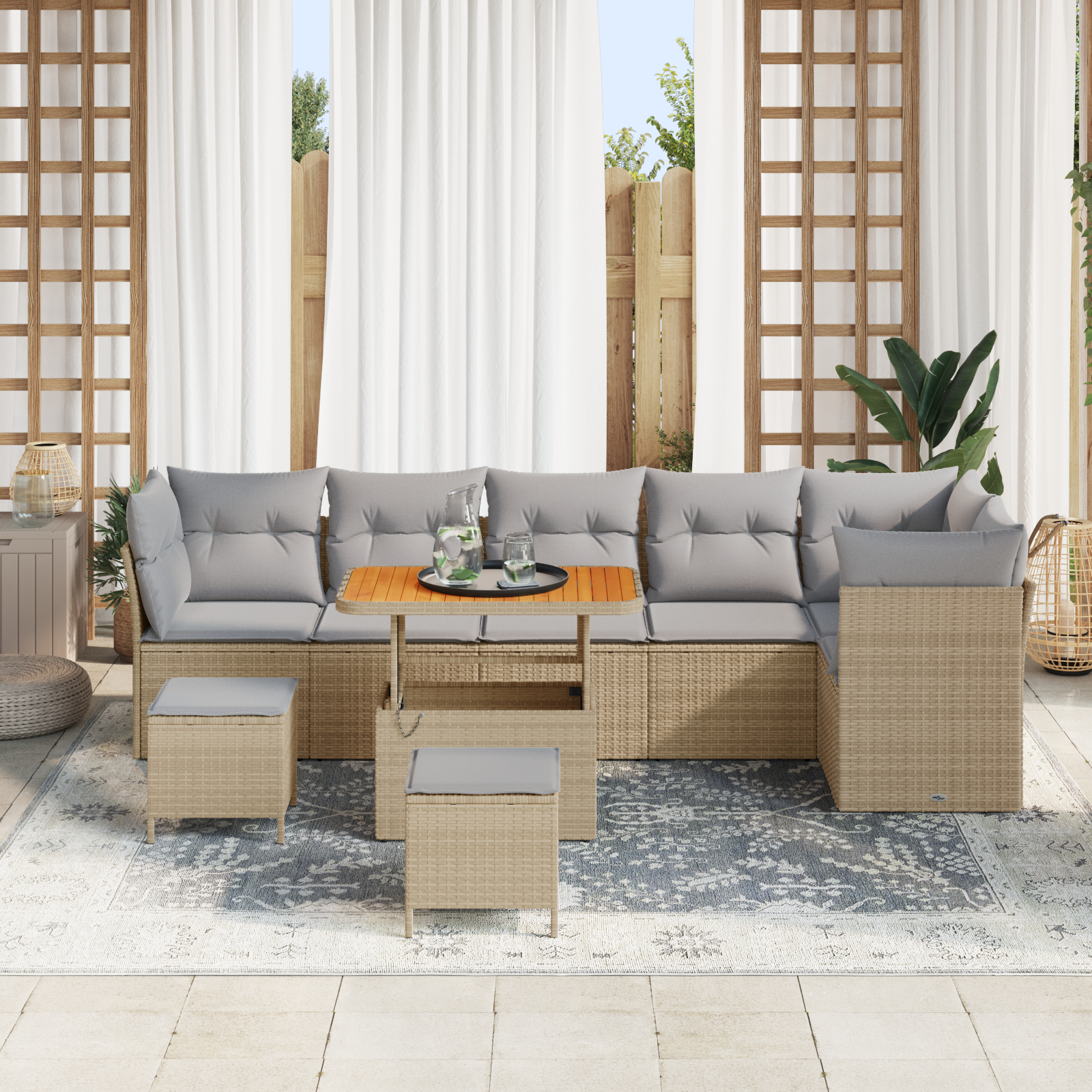 Set de sofas de grădină  9 Piese cu Perne Bej Poliratan Acacia, Set de dining de grădină  3 Piese cu Perne Bej Poliratan Acacia [2]