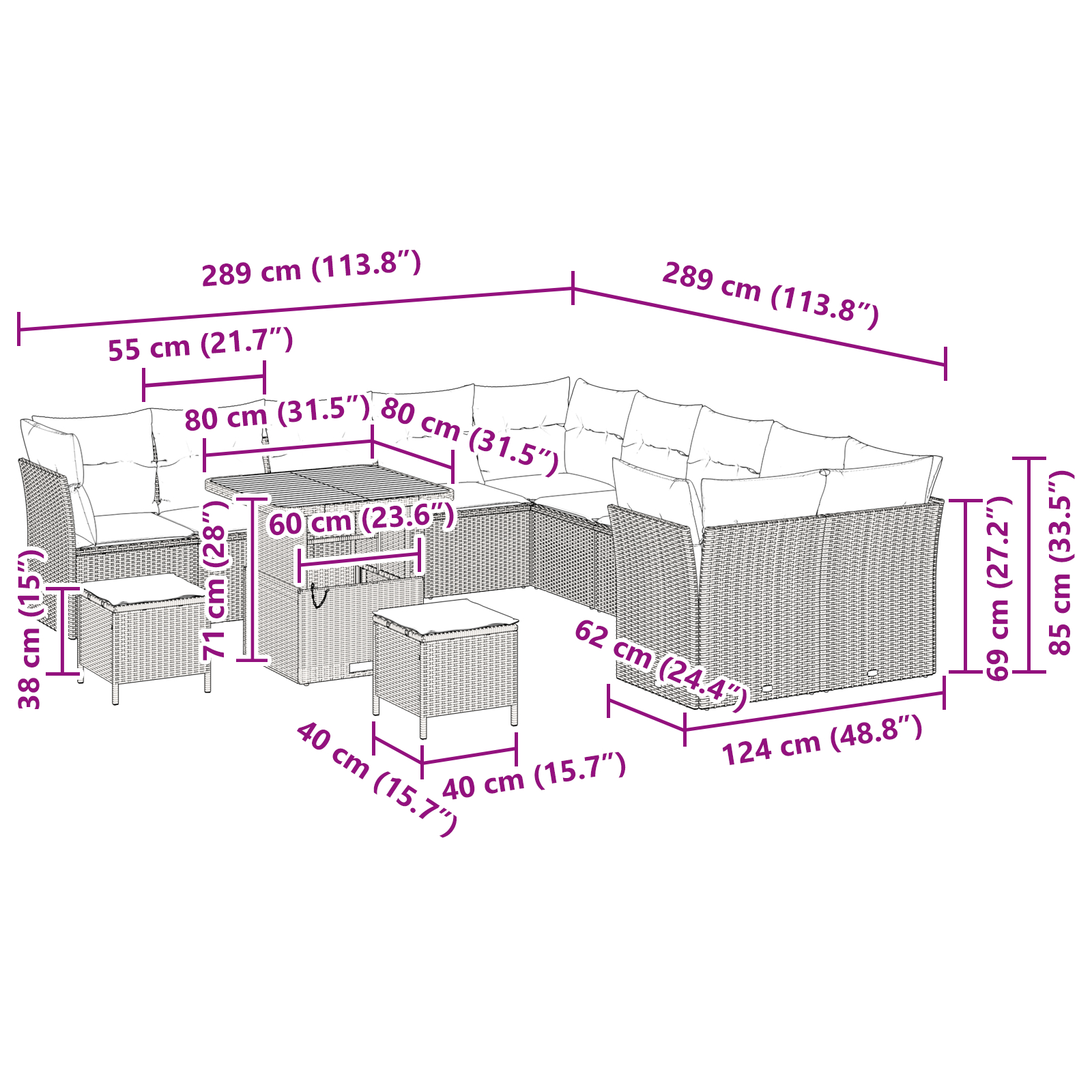 Set de canapea  13 piese cu perne Bej Ratan Poli, Set de dining pentru grădină  3 piese cu perne Bej Ratan Poli [8]