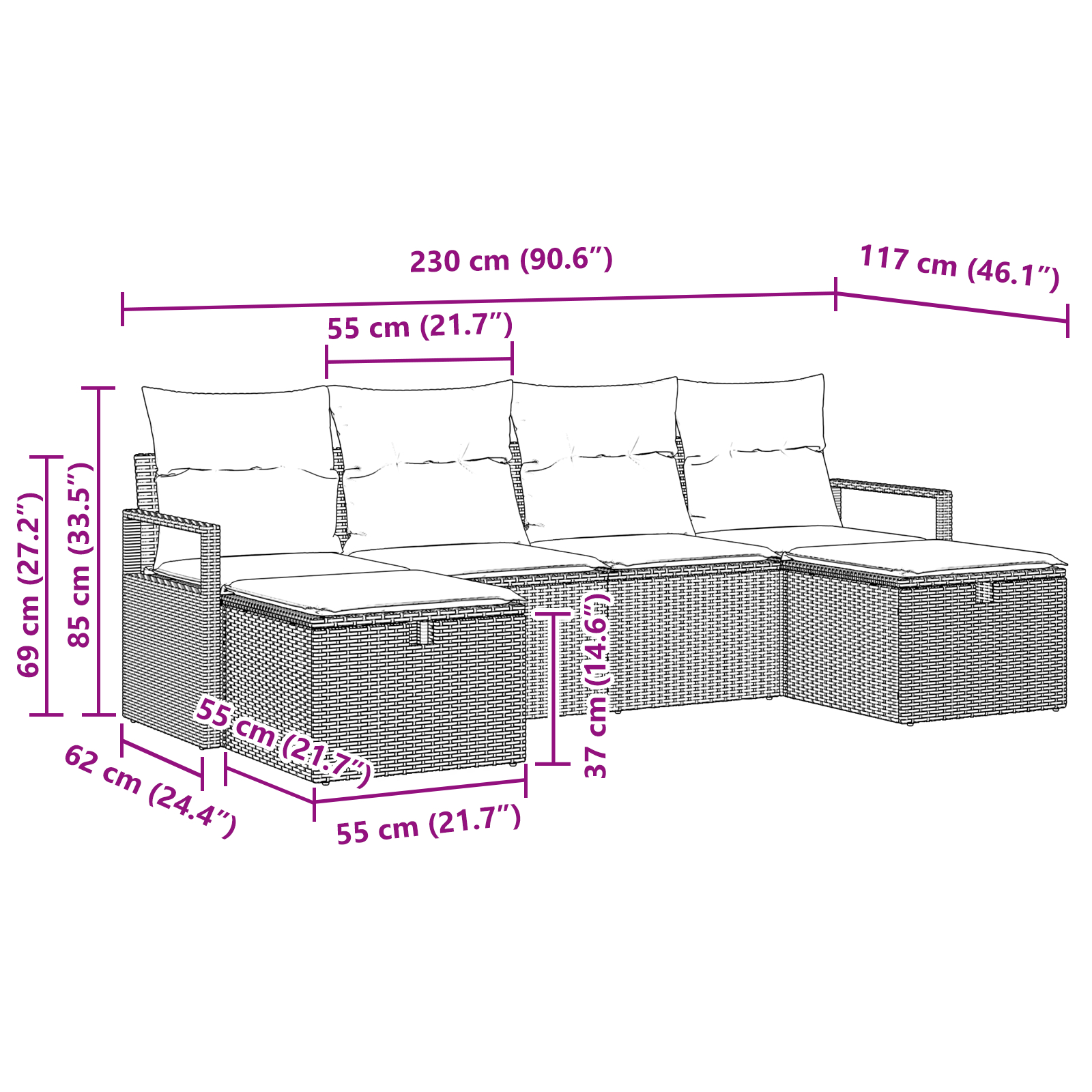 Set canapea de grădină  cu 6 piese și perne gri deschis din ratan poli, Canapea de grădină  cu 2 locuri și perne gri din ratan poli [8]