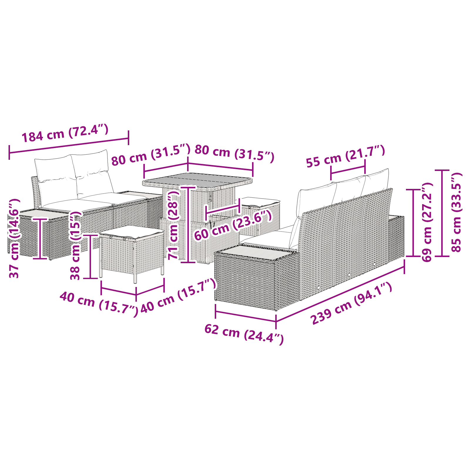 Set canapea pentru grădină  8 piese cu perne Negru Poliratan Acacia, Set dining pentru grădină  3 piese cu perne Negru Poliratan Acacia [10]