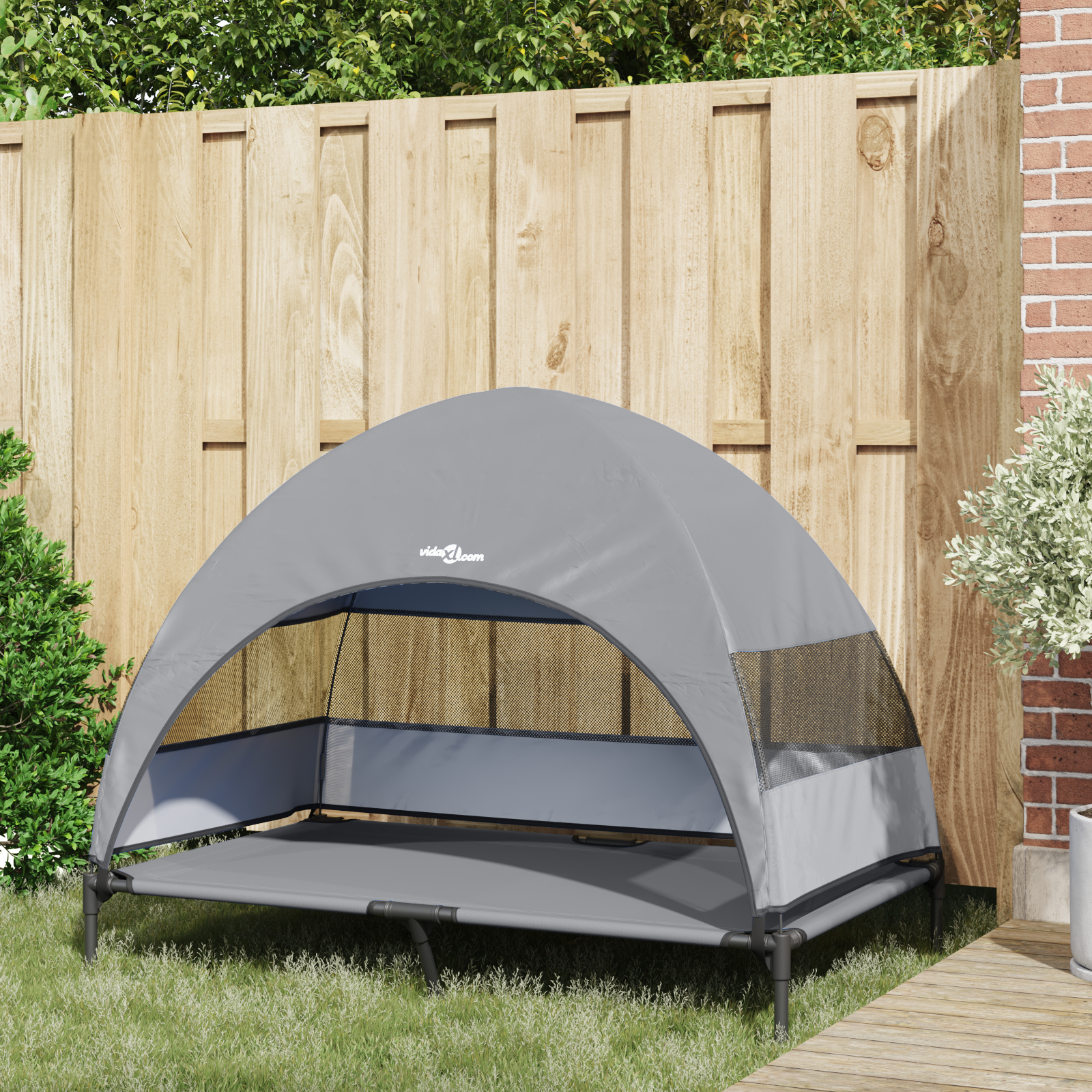 Pat pentru câini ridicat cu copertină detașabilă gri deschis XL oțel [2]