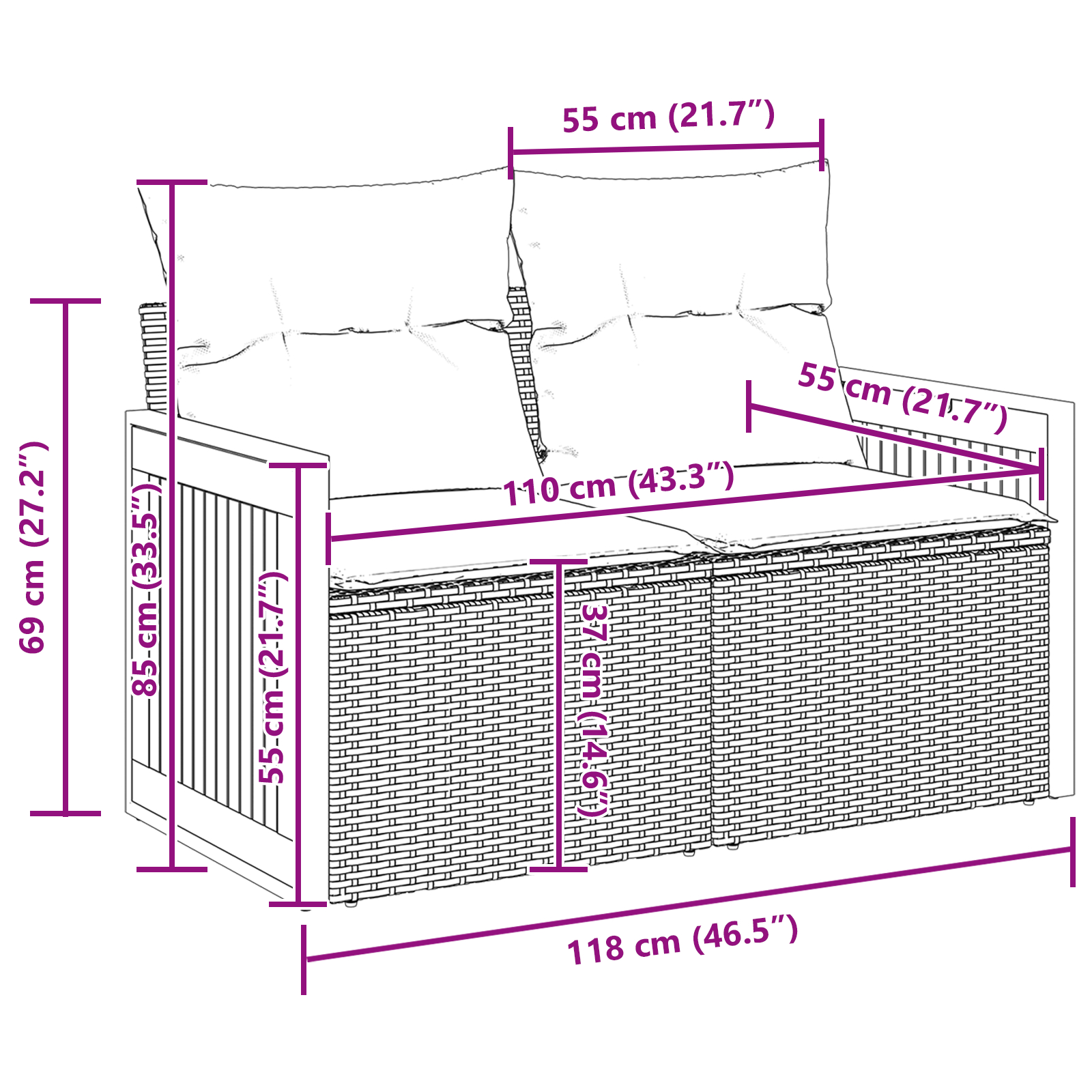Set de 14 piese de sofa de grădină  cu perne Gri Poliratan Acacia, Sofa de grădină  cu 2 locuri cu perne Gri Poliratan, Set de 4 piese de dining de grădină cu perne Gri Poliratan Acacia [10]
