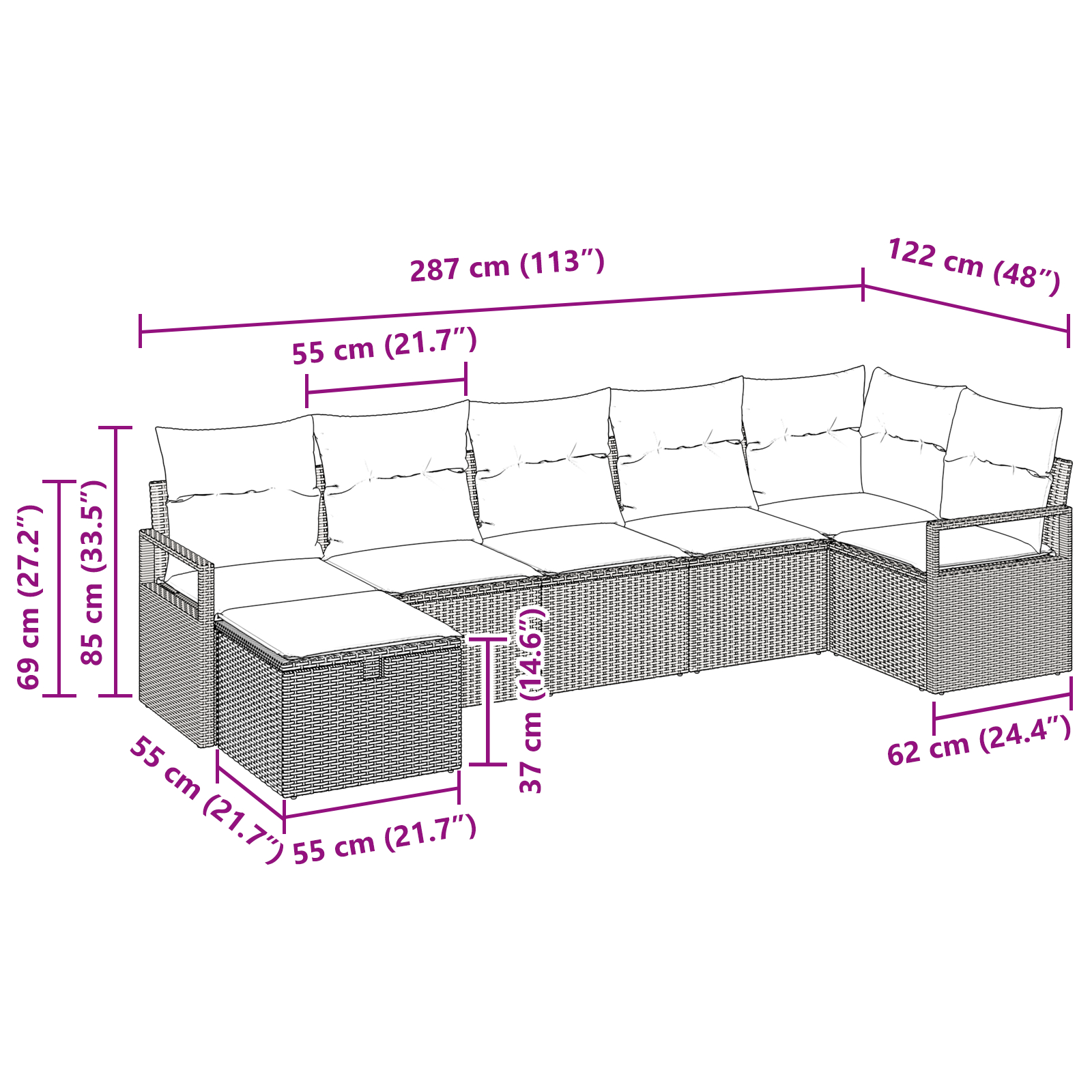 Set de canapele modulare cu 7 piese cu perne gri deschis din poliratan,  Canapea de grădină cu 2 locuri și perne gri din poliratan [9]