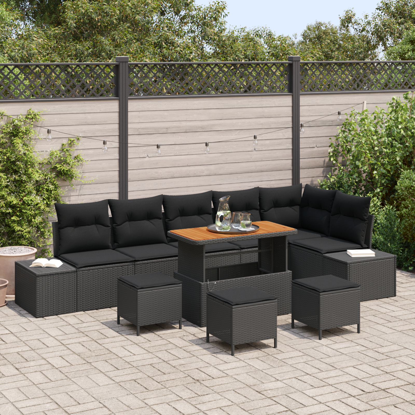 Canapele de exterior - Set de sofa pentru grădină  10 piese cu perne negre din poliratan de acacia, Sofa pentru grădină  2 locuri cu perne negre din poliratan, Set de dining pentru grădină  4 piese cu perne negre din polira