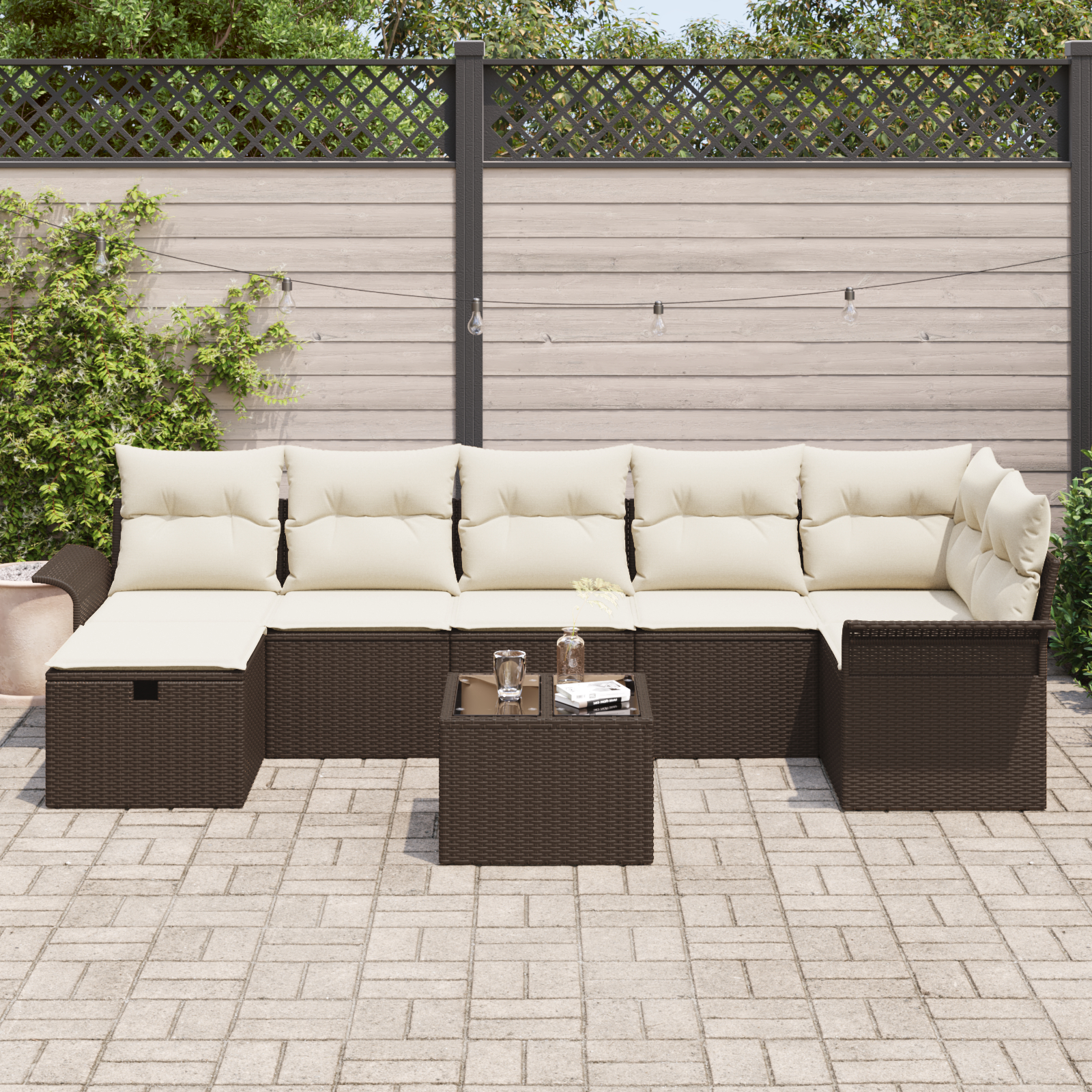 Set canapea grădină cu 8 piese și perne ratan polimeric maro,  Canapea grădină cu 2 locuri și spațiu de depozitare cu perne ratan polimeric maro [2]