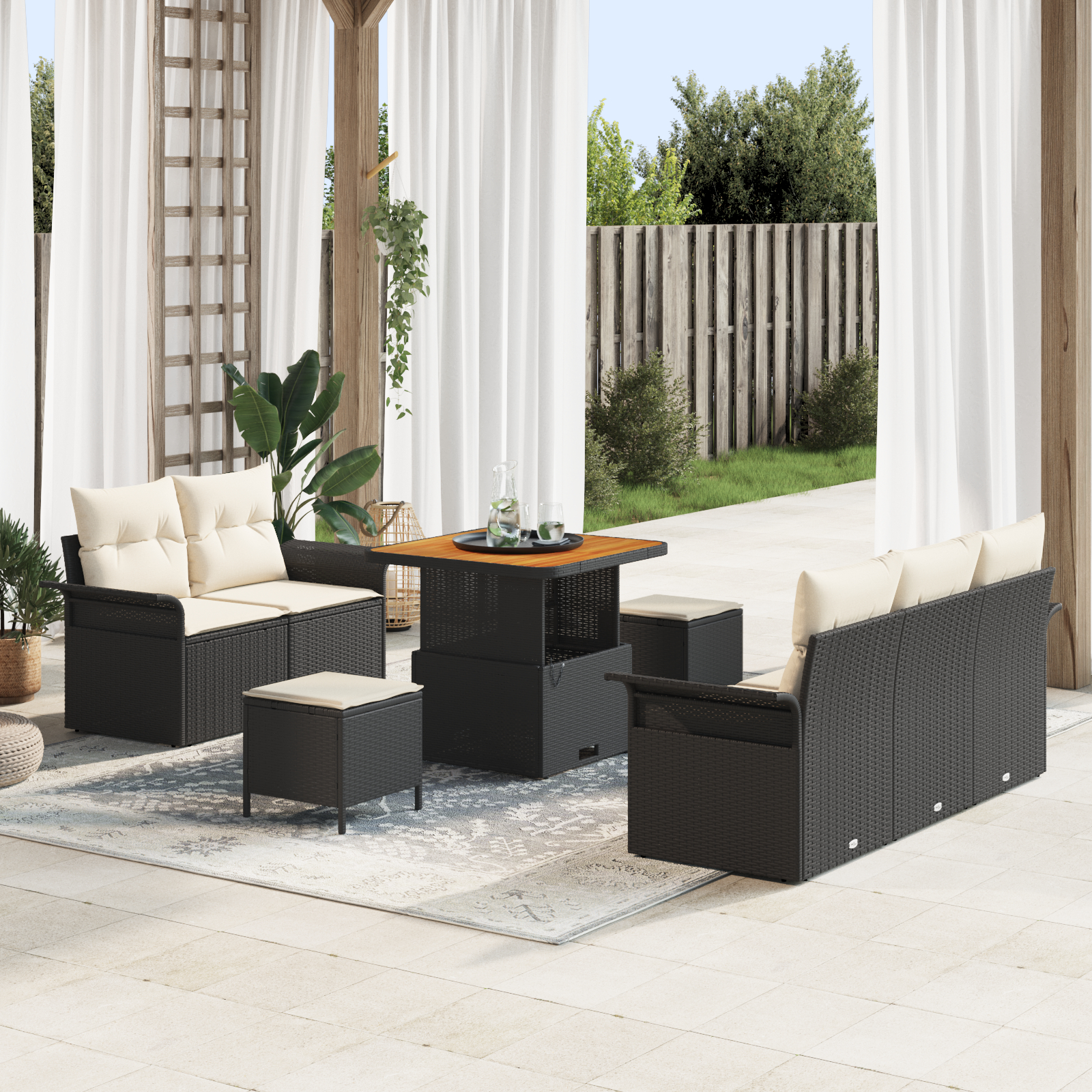 Canapele de exterior - Set de Sofa de Grădină  cu 8 Piese cu Perne Negru Poli Ratan Acacia, Sofa de Grădină  cu 2 Locuri cu Perne Negru Poli Ratan, Set de Dining de Grădină  cu 3 Piese cu Perne Negru Poli Ratan Acacia