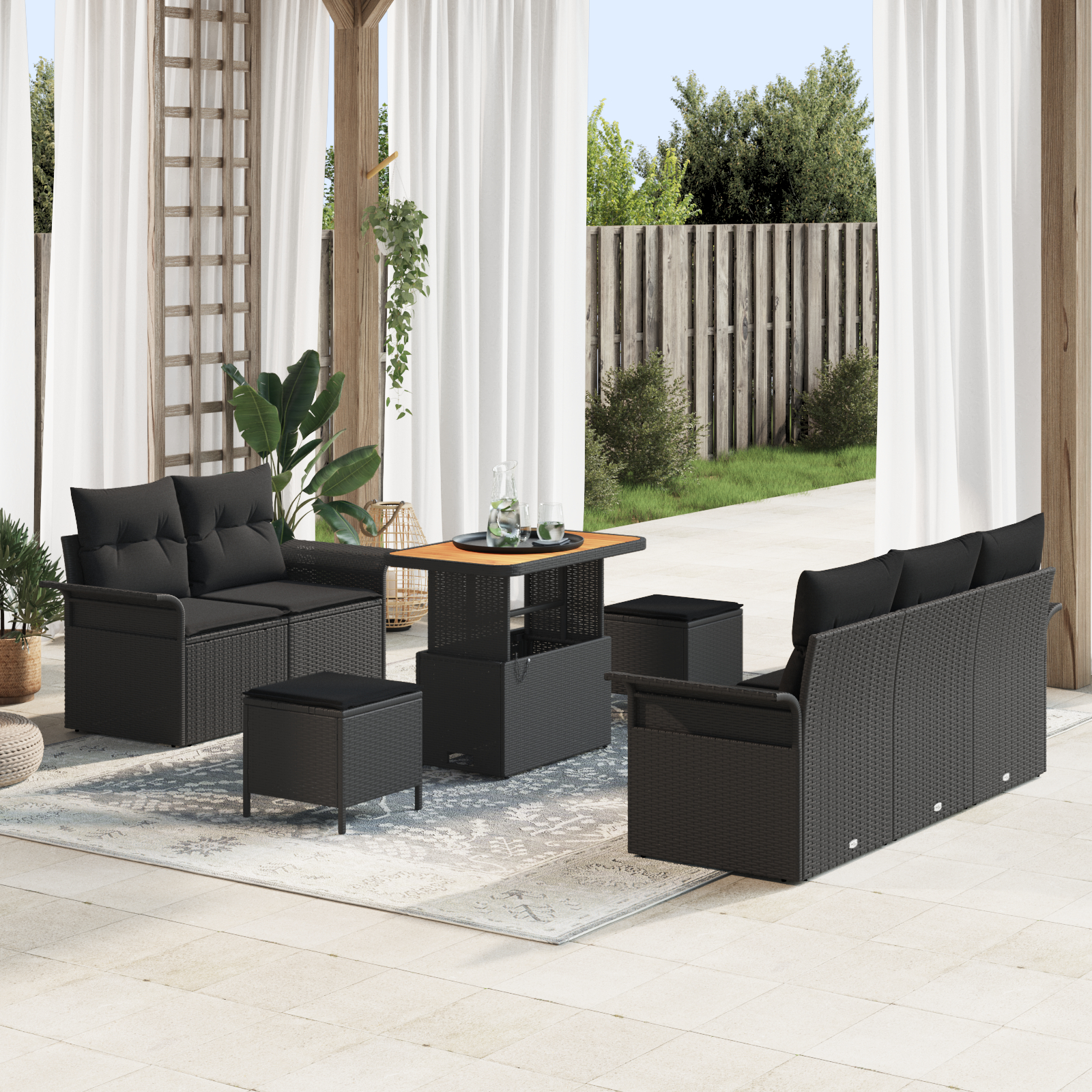 Canapele de exterior - Set de sofa de grădină  8 piese cu perne Negru Poliratan Acacia, Sofa de grădină  pentru 2 persoane cu perne Negru Poliratan, Set de cină de grădină  3 piese cu perne Negru Poliratan Acacia