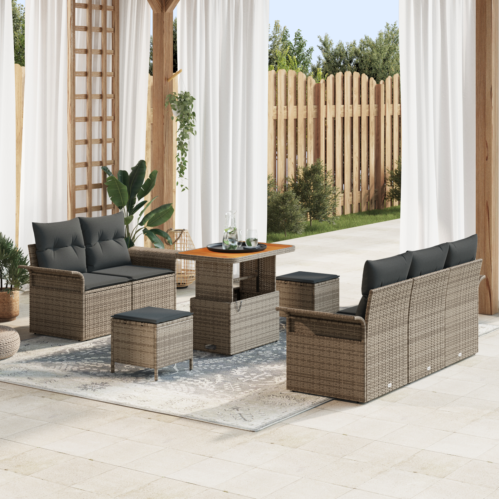Canapele de exterior - Set de 8 Piese de Sofa de Grădină cu Perne Gri din Ratan Polimeric și Acacia,  Sofa de Grădină pentru 2 Persoane cu Perne Gri din Ratan Polimeric,  Set de Dining pentru Grădină cu 3 Piese cu Perne Gri