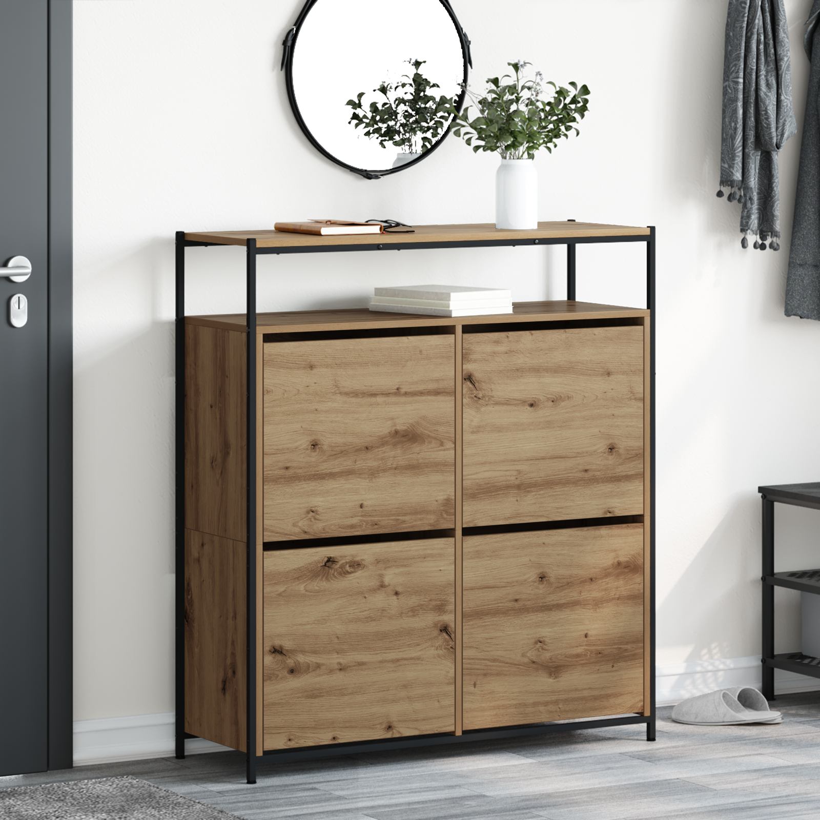 Soluții de depozitare și organizare - Cabinet pantofi cu 4 sertare flip Stejar Artisan 100x34x112 cm