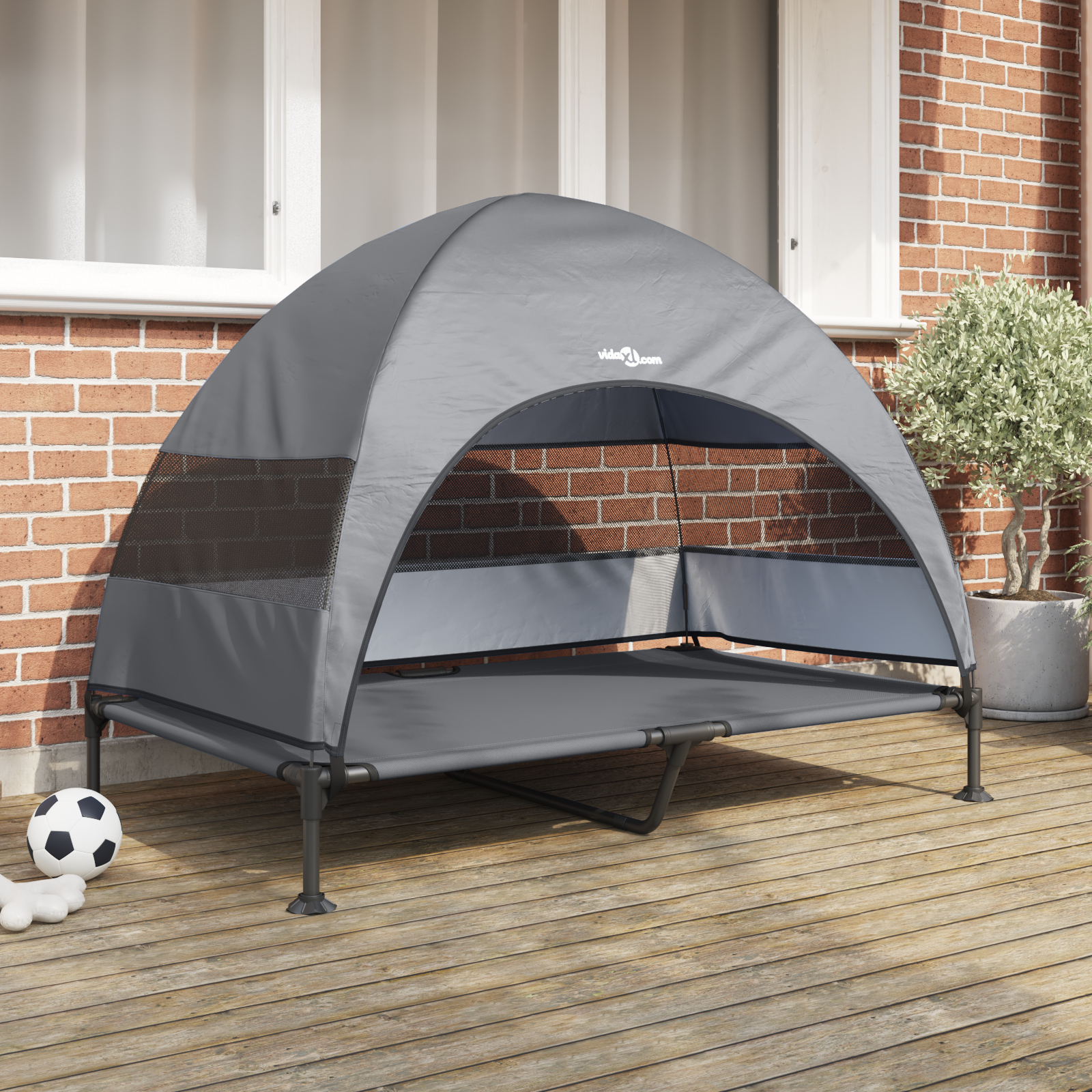 Accesorii pentru câini - Pat pentru câini ridicat cu copertină detașabilă gri deschis XL oțel