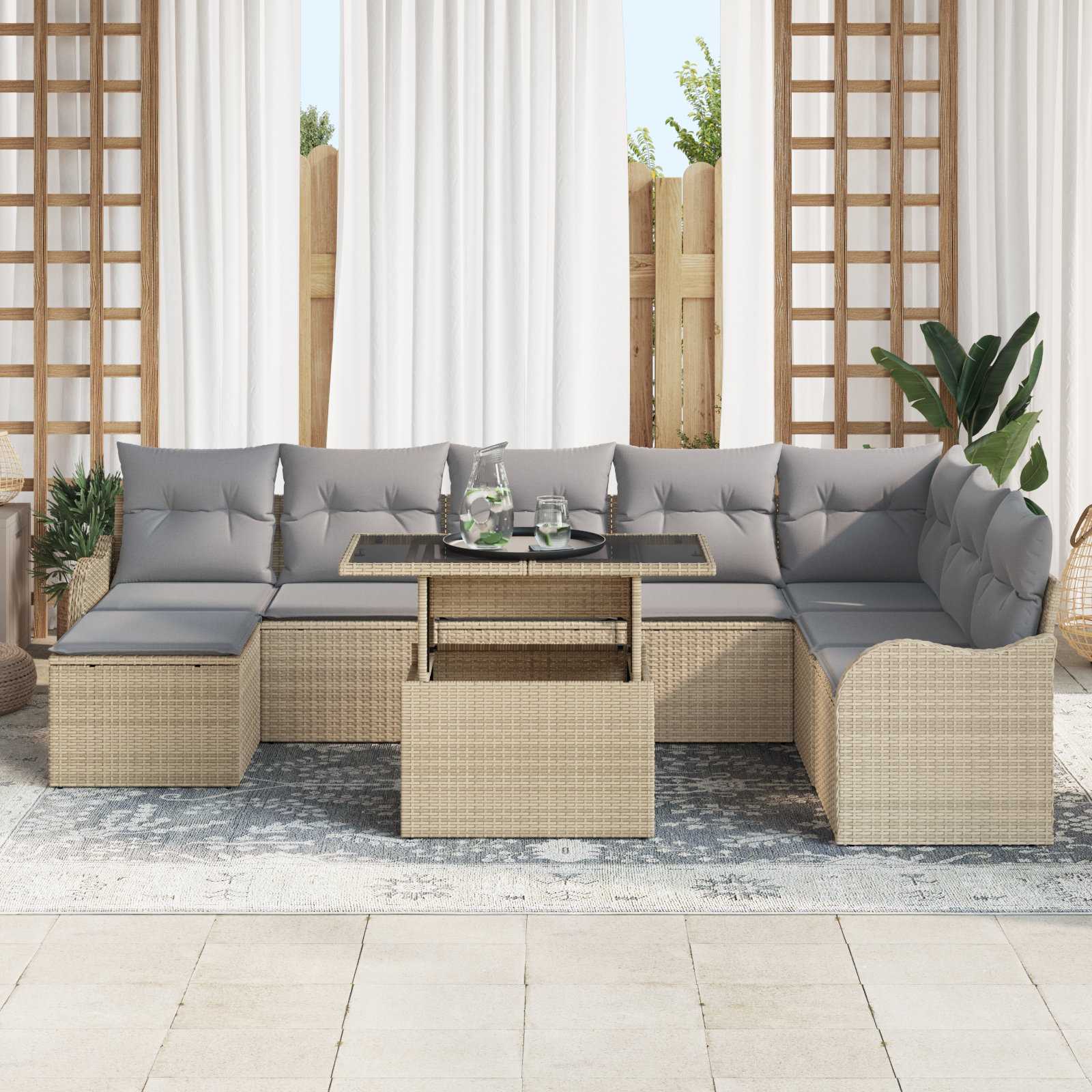 Set Sofa Grădină  9 Piese cu Perne Bej din Ratan Poli, Sofa Grădină  2 Persoane cu Perne Bej din Ratan Poli [2]