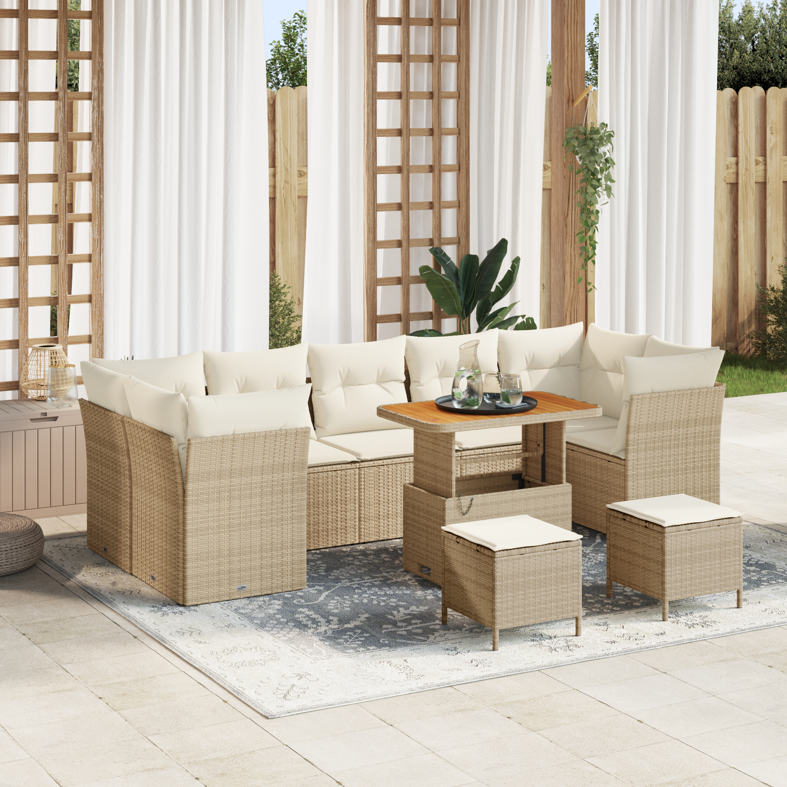 Canapele de exterior - Set de Sofa Grădină  10 Piese cu Perne Bej din Ratan Polimeric Acacia, Set de Masă Grădină  3 Piese cu Perne Bej din Ratan Polimeric Acacia