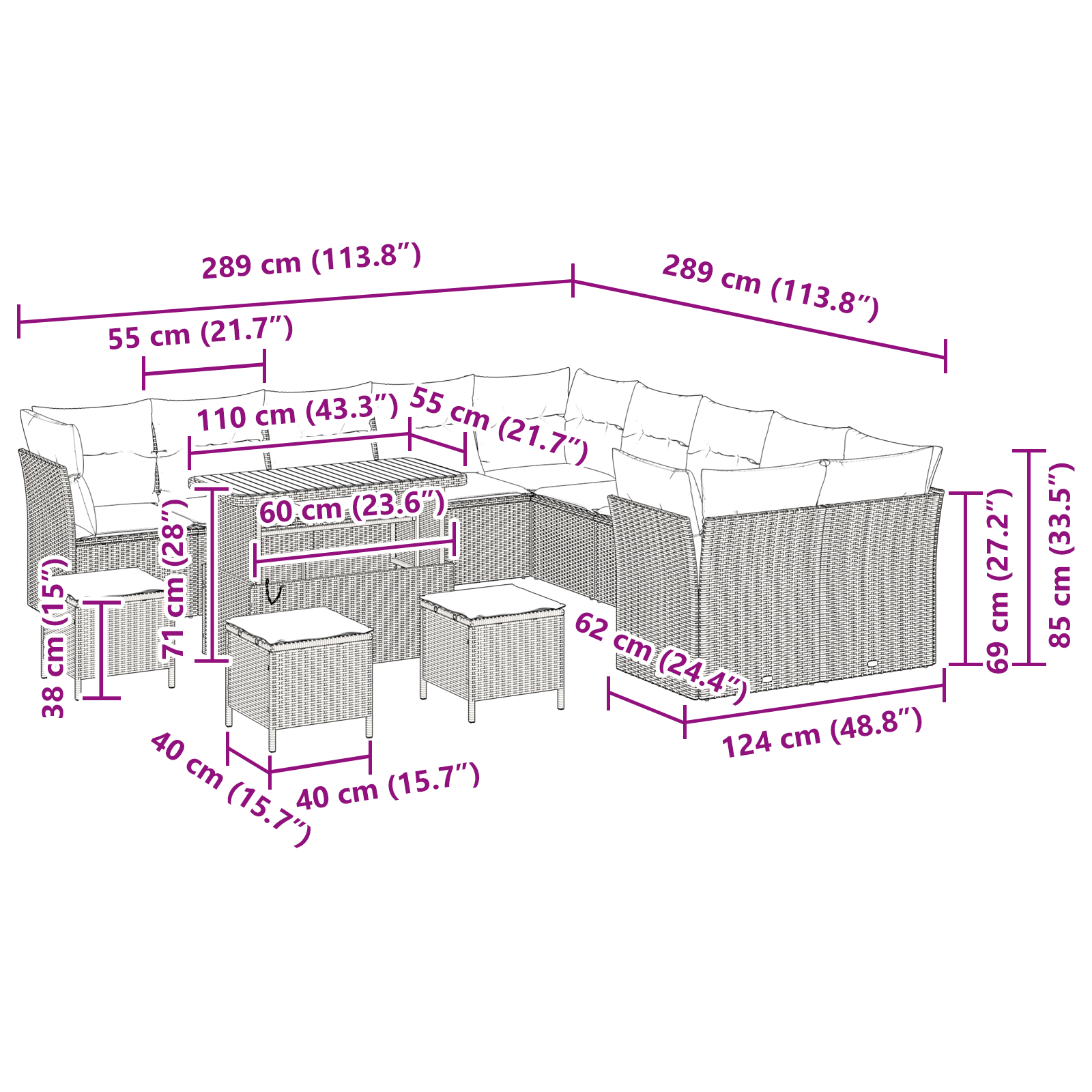 Set de Sofa pentru Grădină cu 14 Piese cu Perne Bej din Poliratan Acacia,  Set de Dining pentru Grădină cu 4 Piese cu Perne Bej din Poliratan Acacia [8]