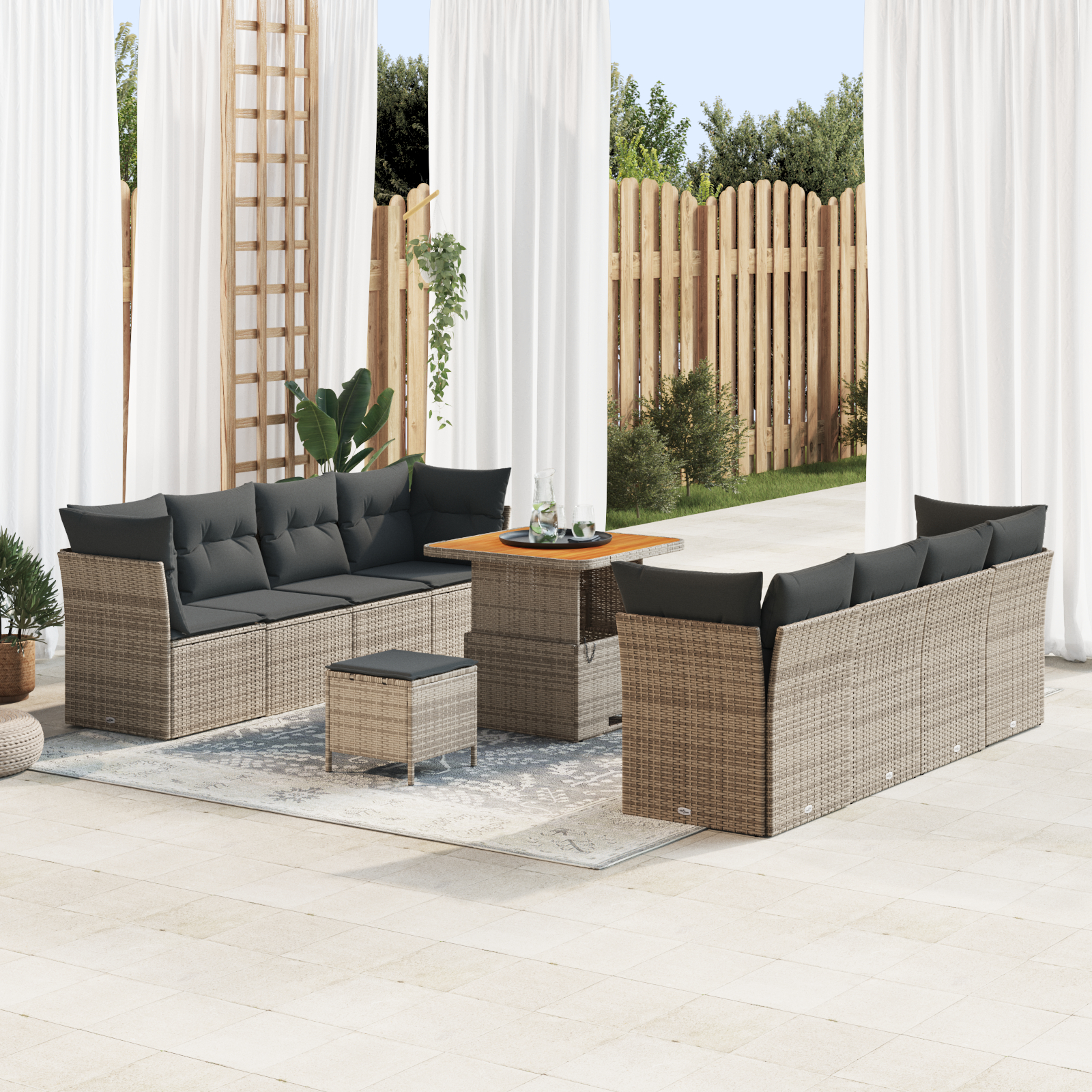 Canapele de exterior - Set de Sofa pentru Grădină cu 11 Piese cu Perne Gri Ratan Poli Acacia,  Set de Dining pentru Grădină cu 3 Piese cu Perne Gri Poli Ratan Acacia