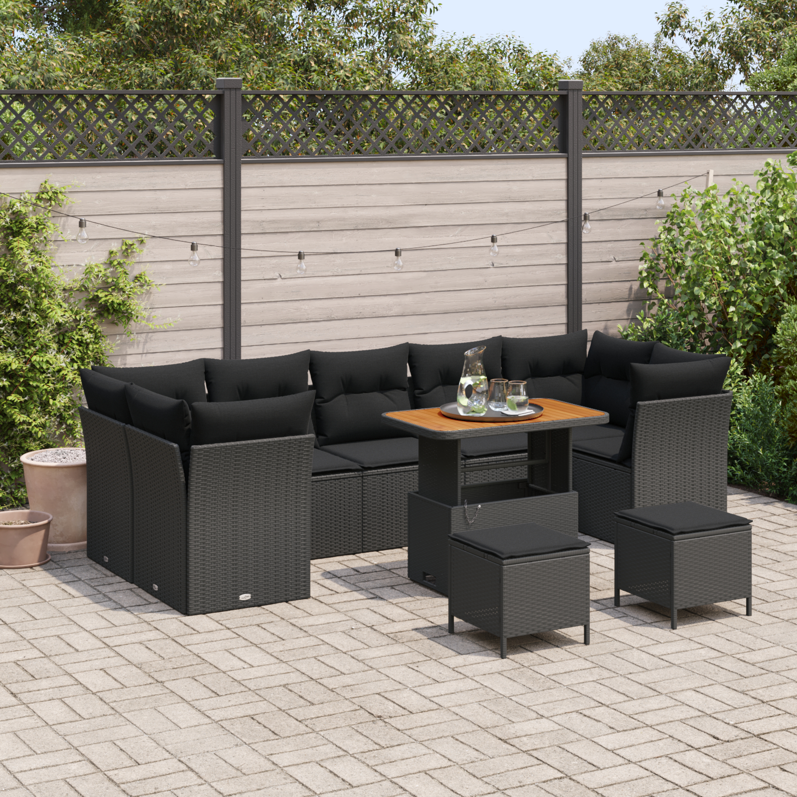 Canapele de exterior - Set de sofa de grădină  cu 10 piese și perne Negru Poliratan Acacia, Set de dining pentru grădină  cu 3 piese și perne Negru Poliratan Acacia