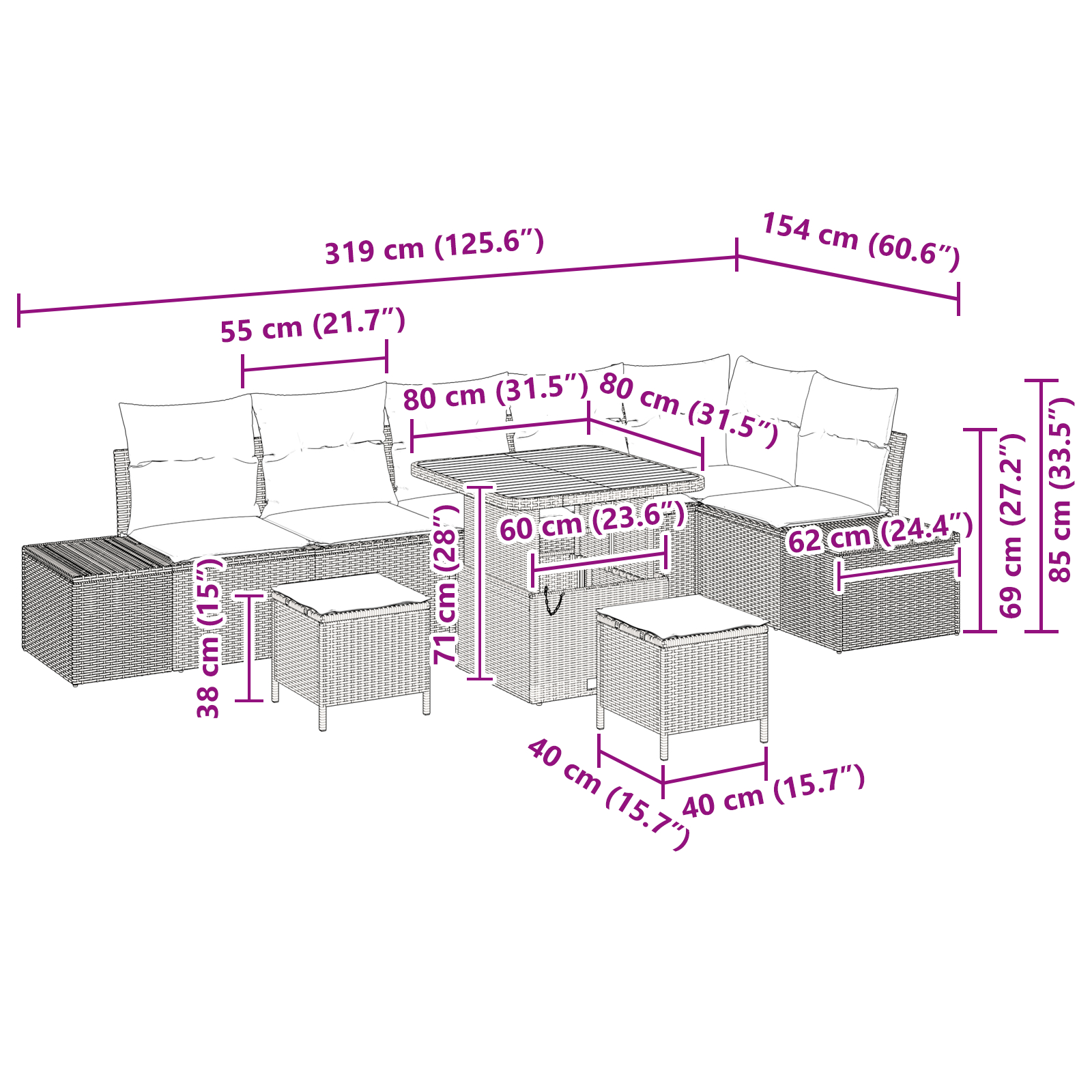 Set de canapea pentru grădină  9 piese cu perne Bej Ratan Sintetic Acacia, Canapea de grădină  2 locuri cu perne Bej Ratan Sintetic, Set de dining pentru grădină  3 piese cu perne Bej Ratan Sintetic A [9]