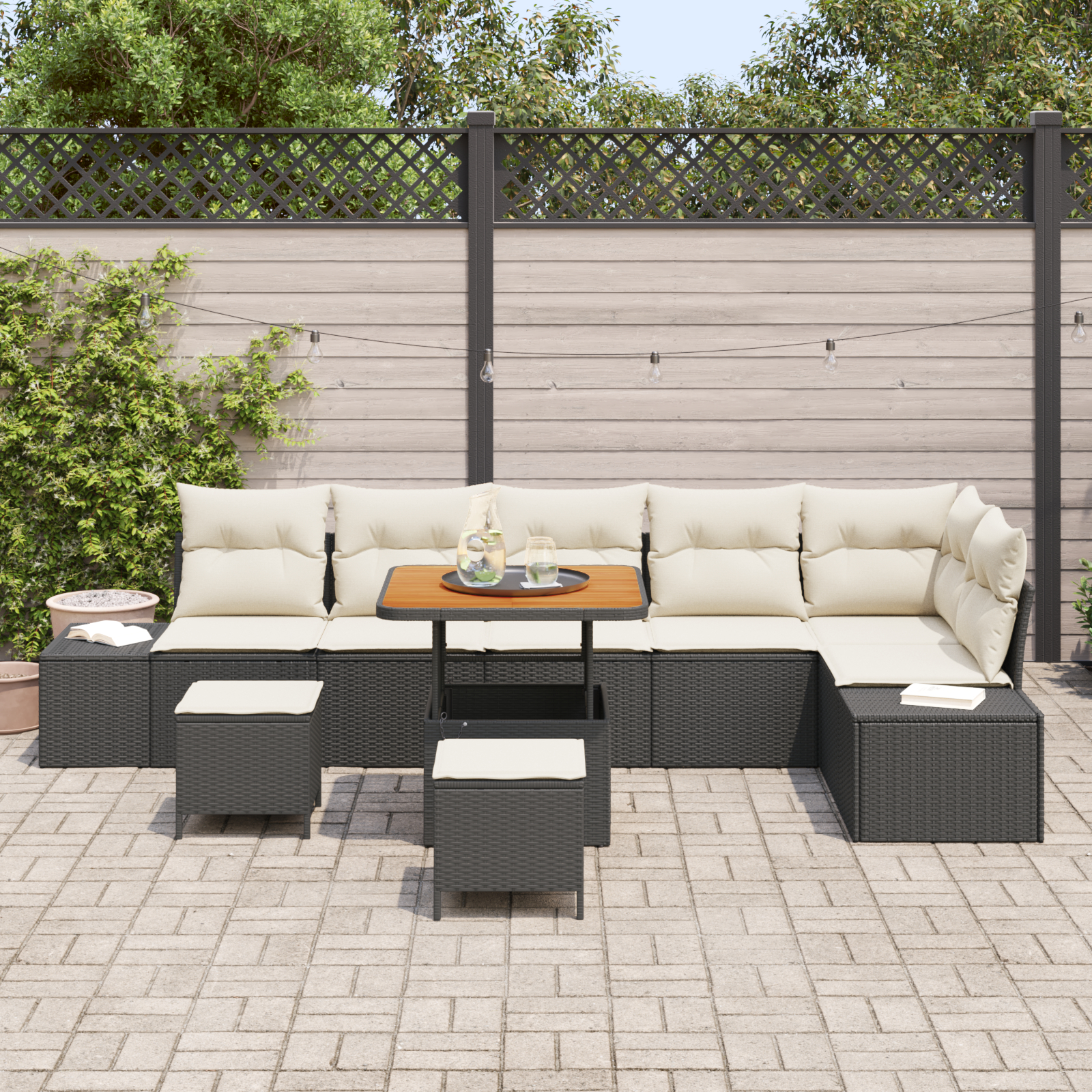 Set canape 9 piese grădină cu perne Negru Rattan poli Acacia, Canapea grădină 2 locuri cu depozit și perne Negru Rattan poli, Set dining 3 piese grădină cu perne Negru Rattan poli Acacia [2]