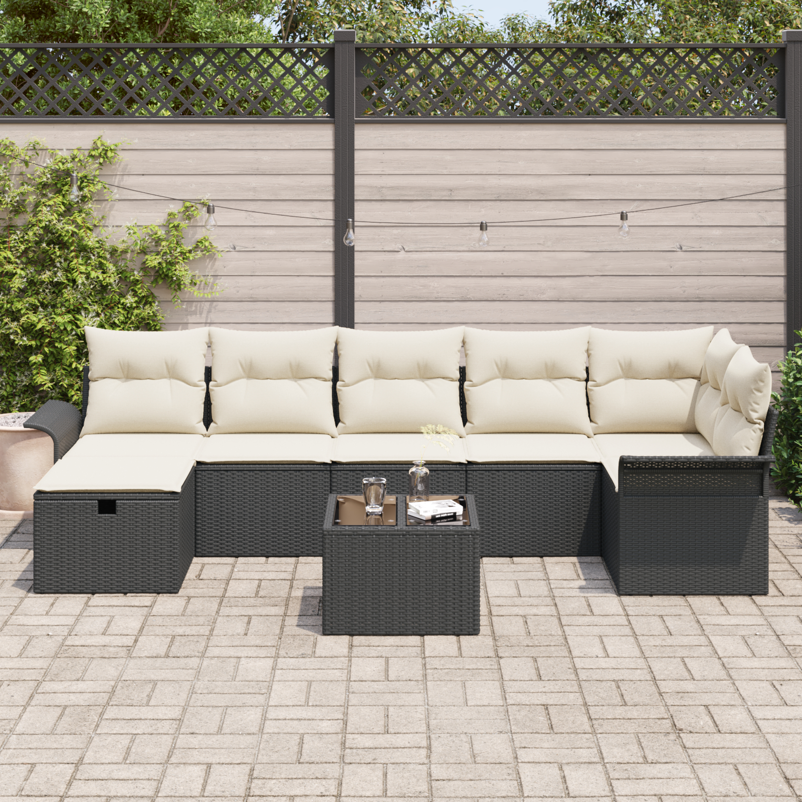 Set canapea de grădină cu 8 piese și perne din ratan poli negru,  Canapea de grădină cu 2 locuri și depozitare și perne din ratan poli negru [2]