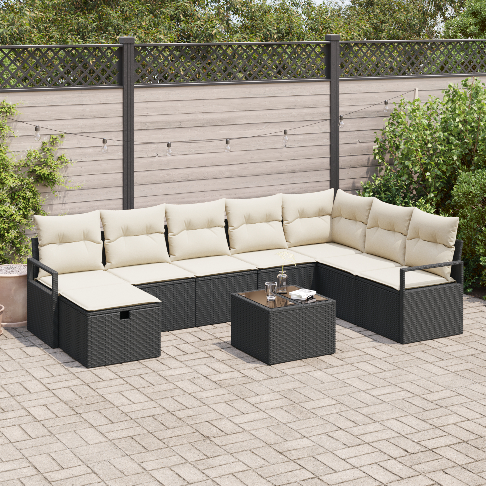 Set de Grădină cu 9 Piese și Perne Negru din Rattan Poly,  Sofa de Grădină cu 2 Locuri și Perne Negru din Rattan Poly [8]