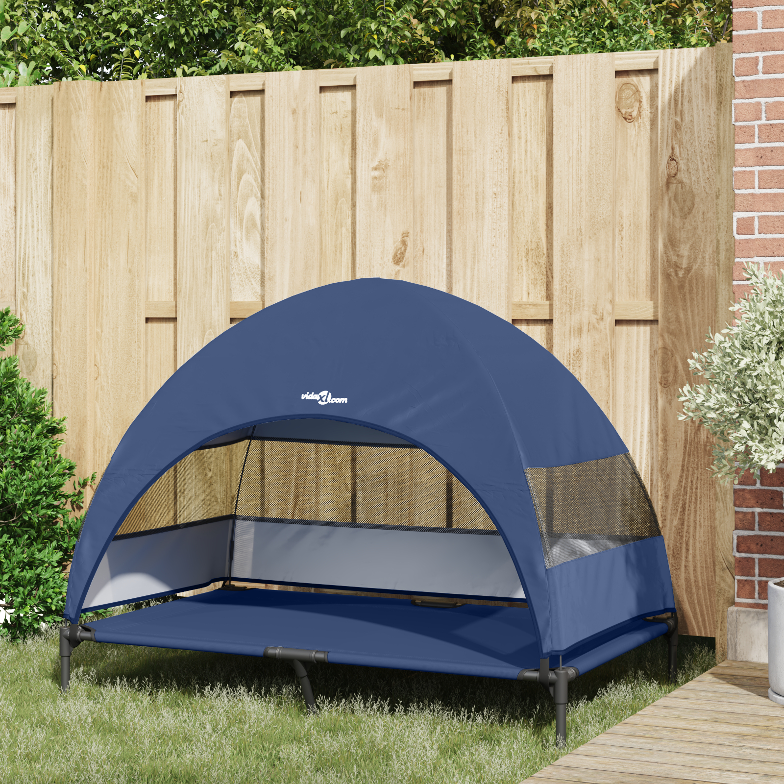 Pat pentru câini ridicat cu copertină detașabilă Bleumarin XL Oțel [2]