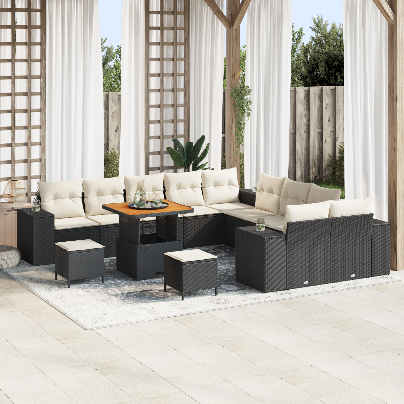 Canapele de exterior - Set de sofa de grădină  cu 13 piese cu perne Black Poly Rattan Acacia, Set de dining de grădină  cu 3 piese cu perne Black Poly Rattan Acacia